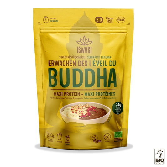 Les céréales pour petit-déjeuner Maxi Protéines Bio Éveil du Bouddha dISWARI sont des sachets jaunes étiquetés vegan, sans gluten et bio. Elles présentent une image dun bol de céréales avec un texte en allemand et en français soulignant son mélange nutritif pour une nutrition équilibrée.
