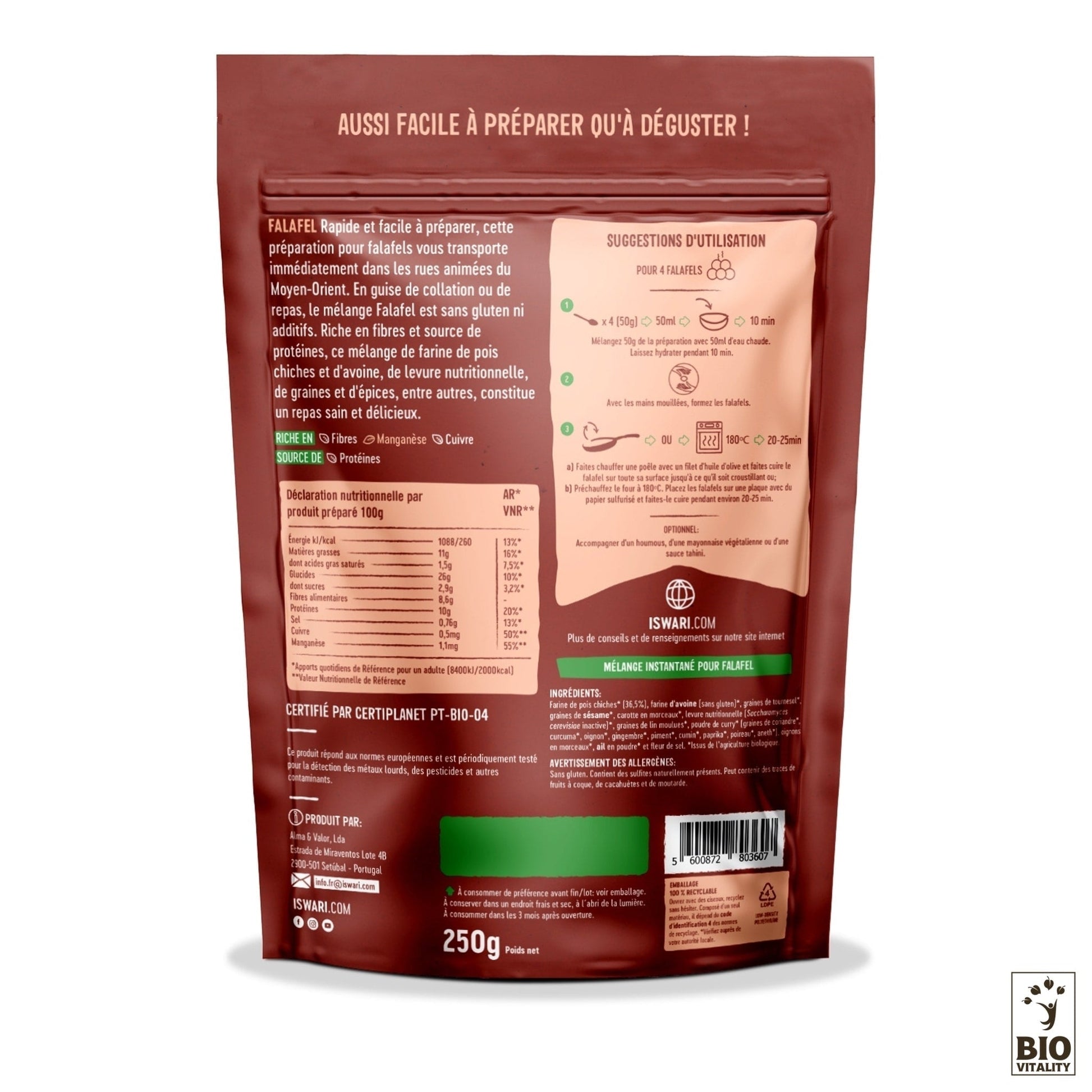 Limage montre le dos dun paquet de Falafel Bio ISWARI - 250 g, avec des étapes de préparation simples, des détails nutritionnels et une étiquette de certification. Lemballage marron avec un texte blanc et vert met en valeur sa nature sans gluten et sa richesse en nutriments.