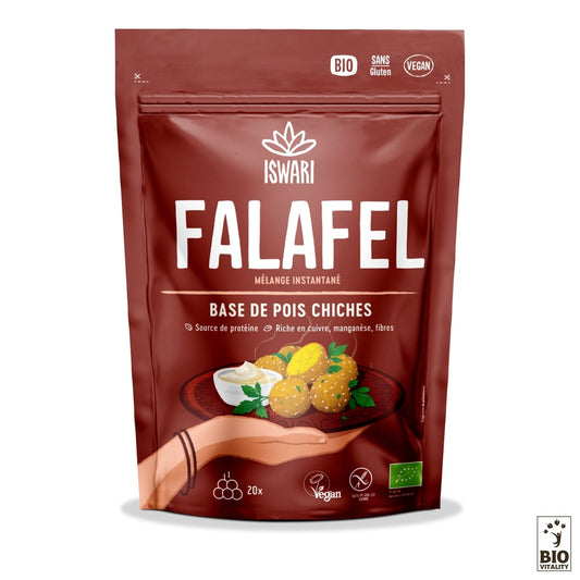 Un sachet brun de 250 g de mélange instantané Falafel Bio dISWARI est biologique, sans gluten, végétalien et contient des falafels avec des illustrations de yaourt. Ce mélange est à la fois pratique et riche en nutriments pour un repas sain.