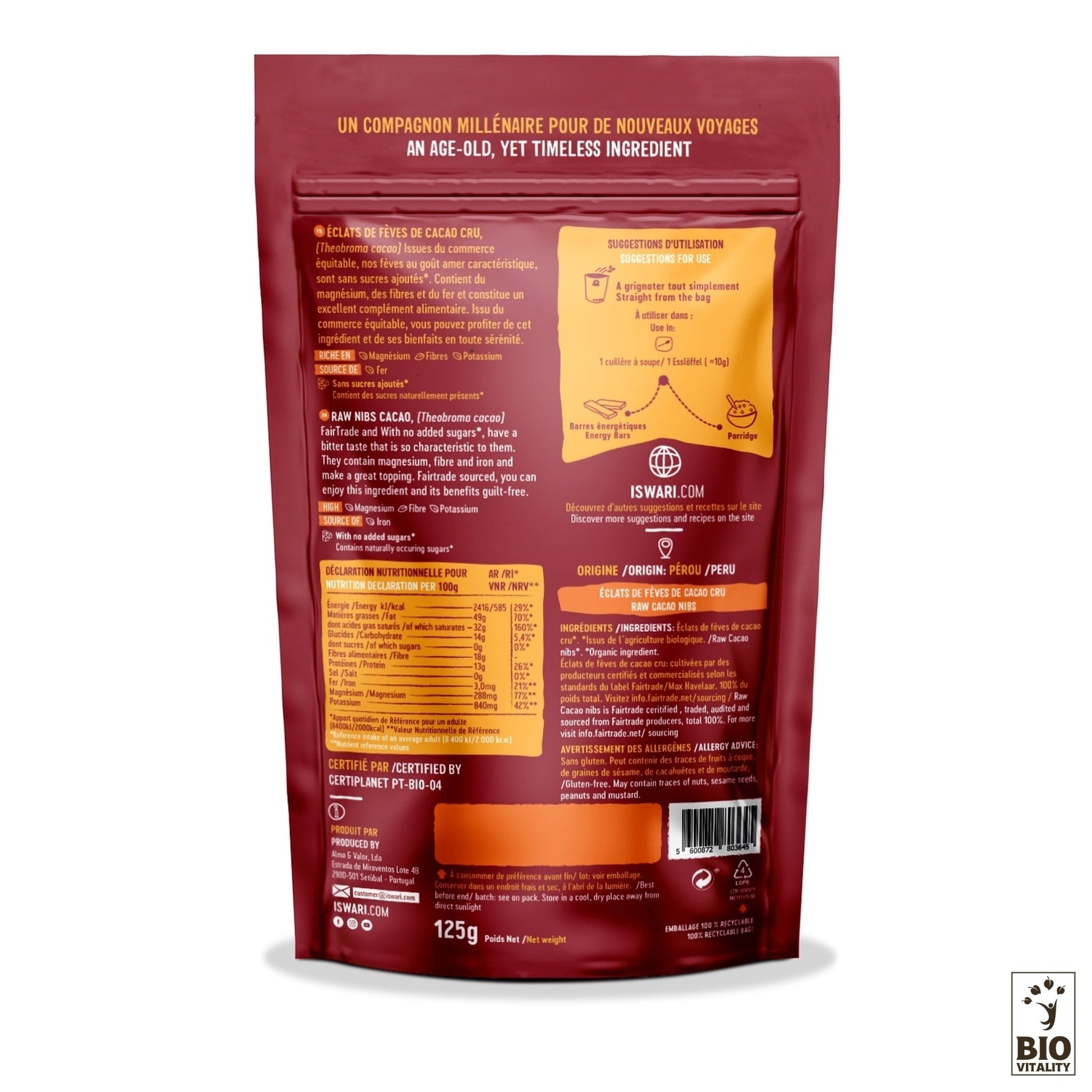 Vue arrière dun paquet de 125g de Fèves de Cacao Cru Fairtrade Bio ISWARI avec cacao Criollo, informations nutritionnelles et conseils de préparation en français et en anglais. Les certifications biologiques sont en bas.
