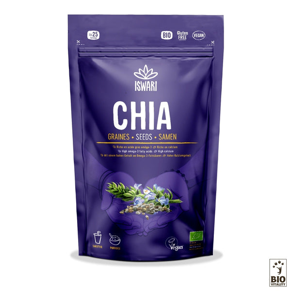 Graines de Chia Bio dISWARI est un superaliment biologique, sans gluten et végétalien, naturellement riche en oméga-3. Lemballage violet présente des illustrations de plantes et de graines de chia, avec les certifications affichées en bas.