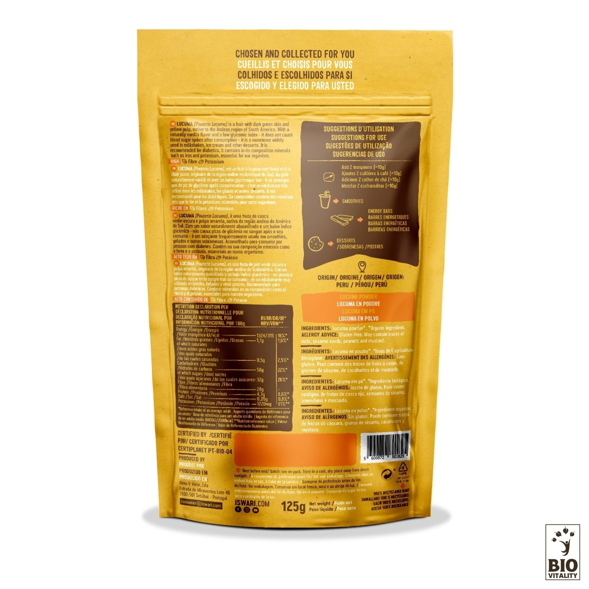 Un emballage ISWARI jaune et marron, « Lucuma en Poudre Bio - 125g », comporte un texte multilingue, des instructions et des informations nutritionnelles. Le logo de la marque est à côté des détails « super-aliment » dans le coin inférieur droit, soulignant que la lucuma est une source naturelle de fer.