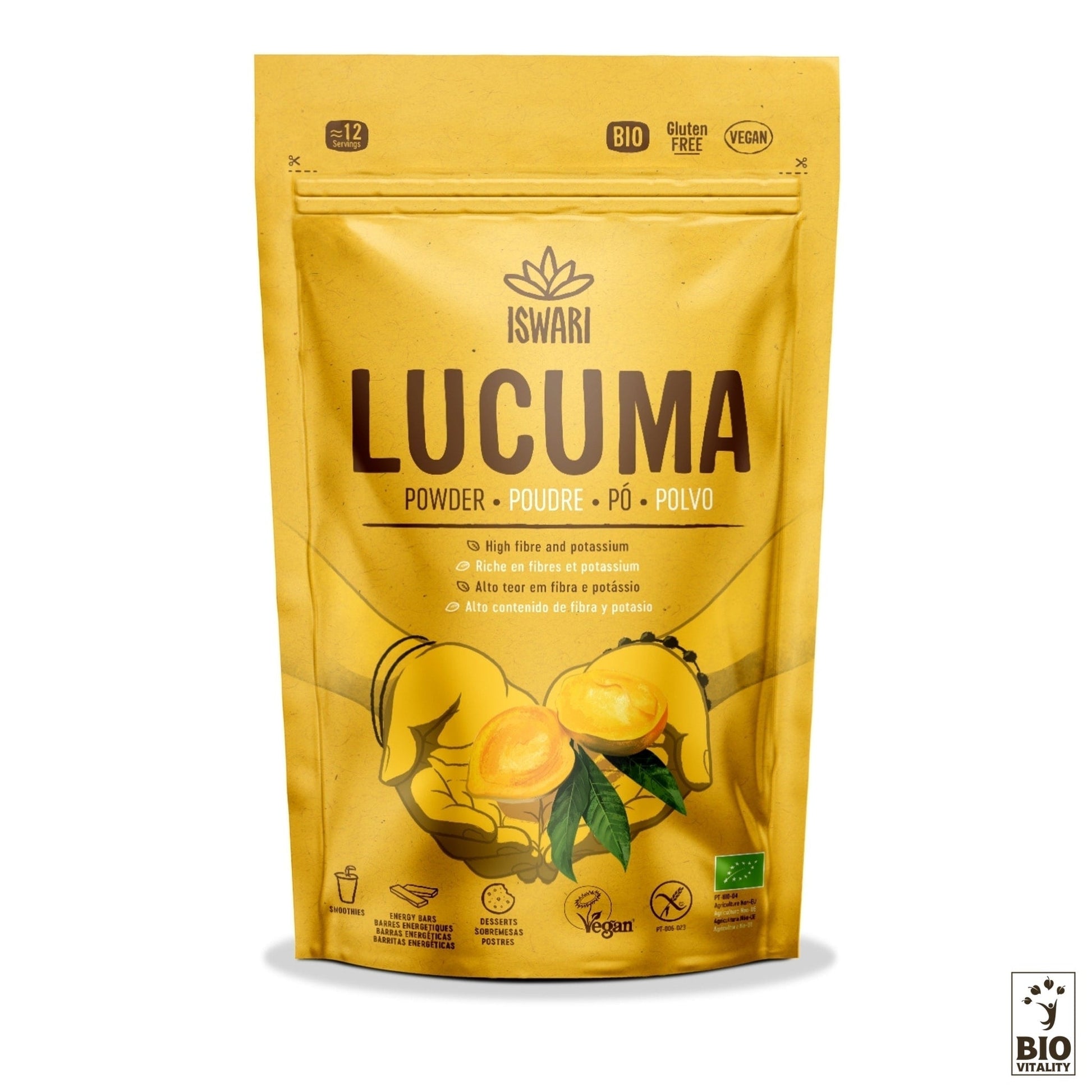 Une pochette jaune « Lucuma en Poudre Bio - 125g » dISWARI présente des images de lucuma tranchées. Ce superaliment est riche en fibres et en potassium, sans gluten, végétalien, biologique et source de fer.
