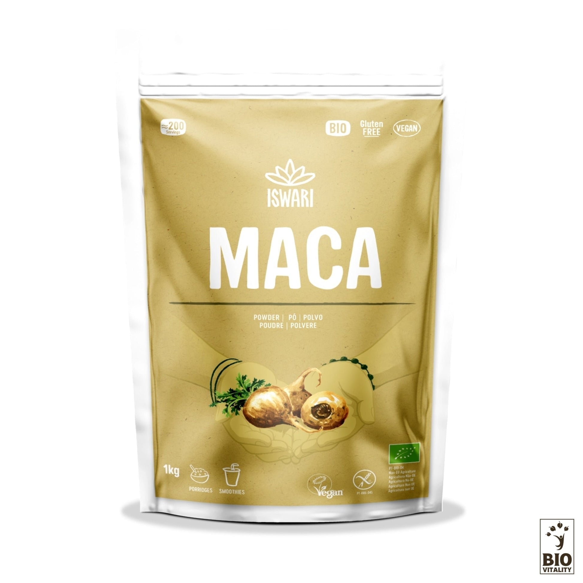 Le paquet de 1 kg de Maca en Poudre Bio dISWARI est un superaliment biologique, sans gluten et végétalien. La face avant présente des icônes de racine de maca et de smoothie, soulignant son rôle de poudre nutritive parfaite pour les consommateurs soucieux de leur santé.