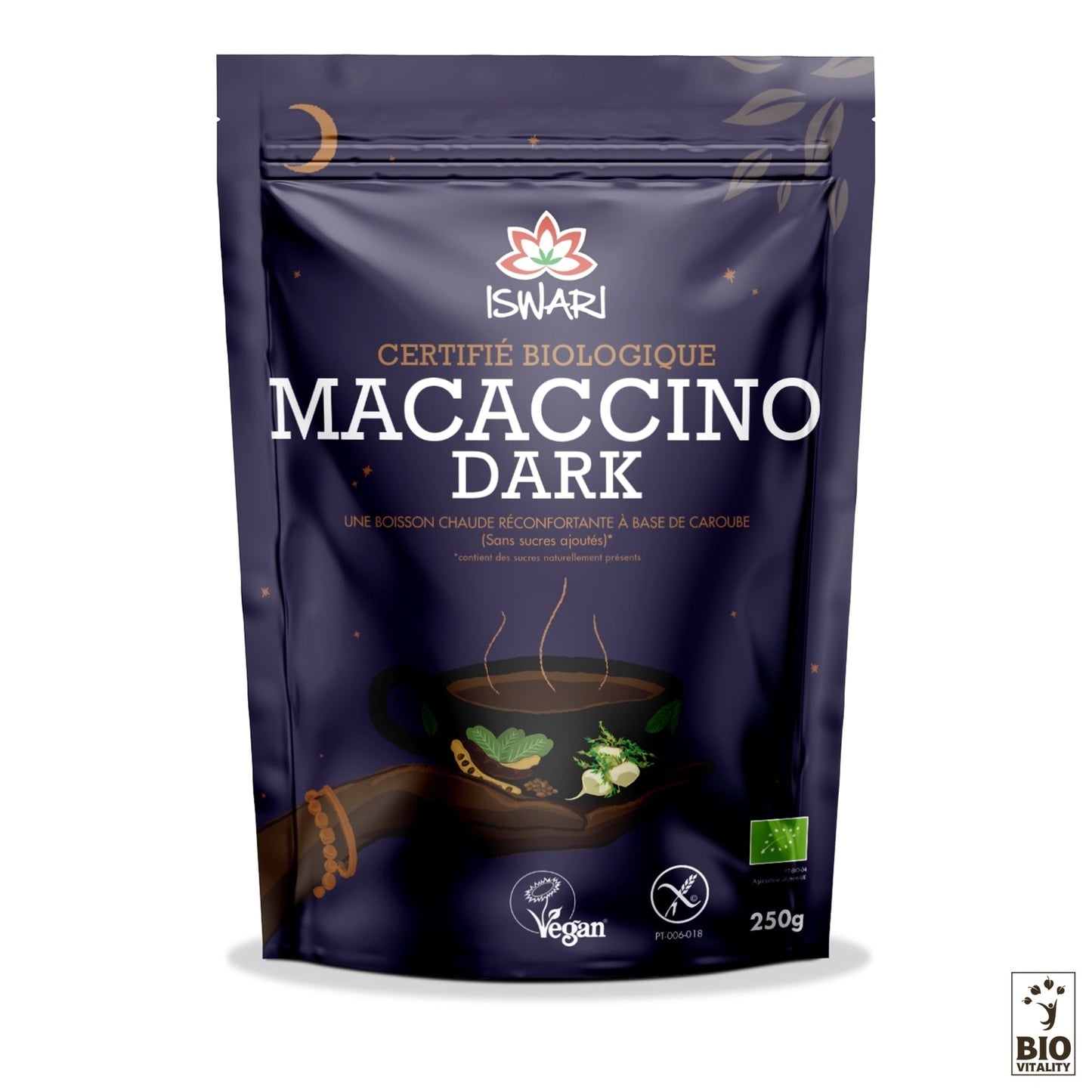 Un paquet de 250 g de Macaccino Dark dISWARI, un mélange de boisson certifié biologique mettant en valeur les riches saveurs de la maca et de la caroube, avec des symboles végétaliens et biologiques.