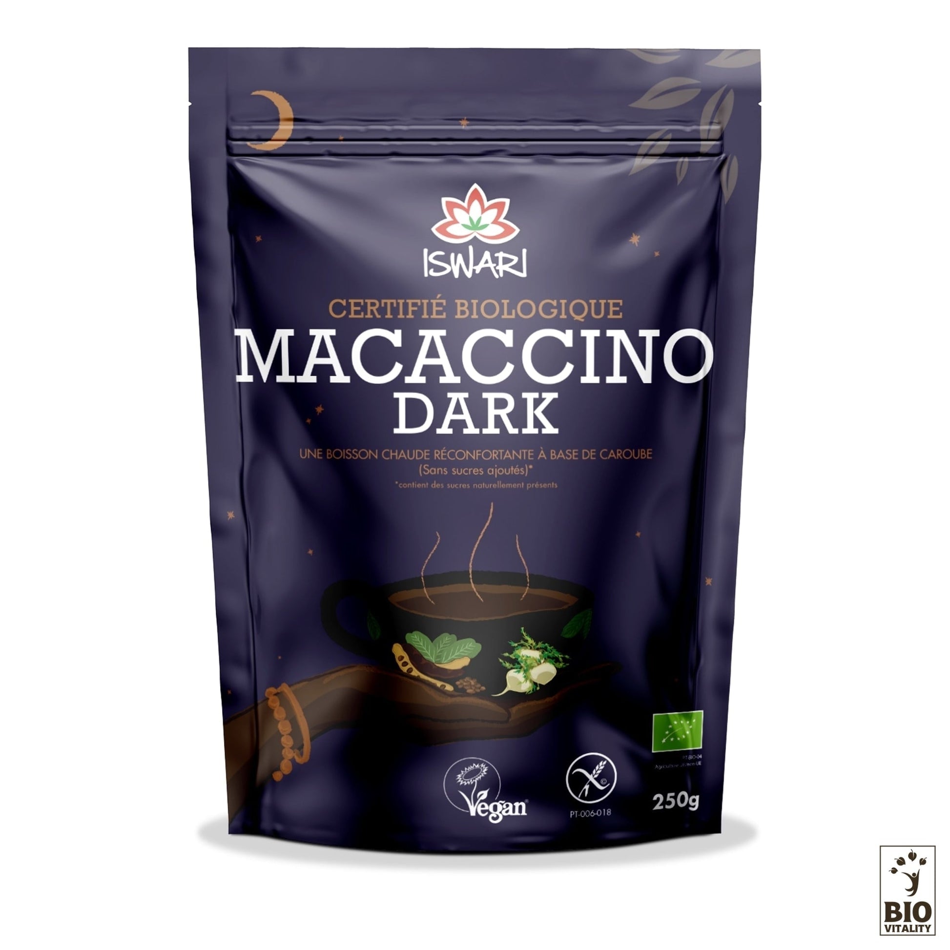 Un paquet de 250 g de Macaccino Dark dISWARI, un mélange de boisson certifié biologique mettant en valeur les riches saveurs de la maca et de la caroube, avec des symboles végétaliens et biologiques.