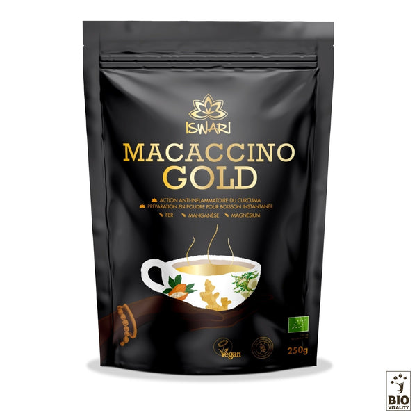 Lemballage noir dISWARI Macaccino Gold Bio - 250g met en valeur une boisson instantanée vegan enrichie en curcuma, gingembre et cannelle. Il met laccent sur sa qualité bio et ses nutriments comme le fer et le magnésium, une boisson réconfortante.