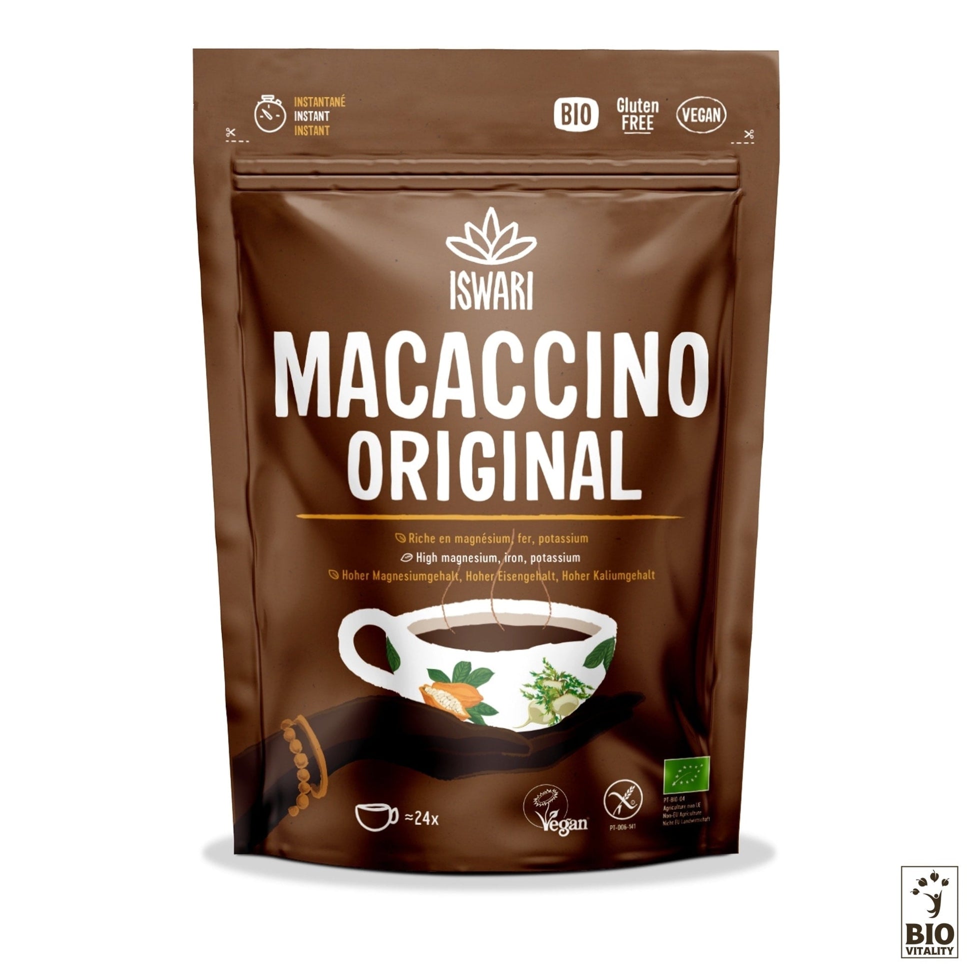 Lemballage du Macaccino Original avec Reishi Bio - 250g dISWARI présente une illustration de tasse blanche et des étiquettes qui soulignent ses attributs végétaliens et sans gluten, avec une infusion de cacao et de maca. Chaque paquet offre 24 portions enrichies des bienfaits du Reishi Bio.