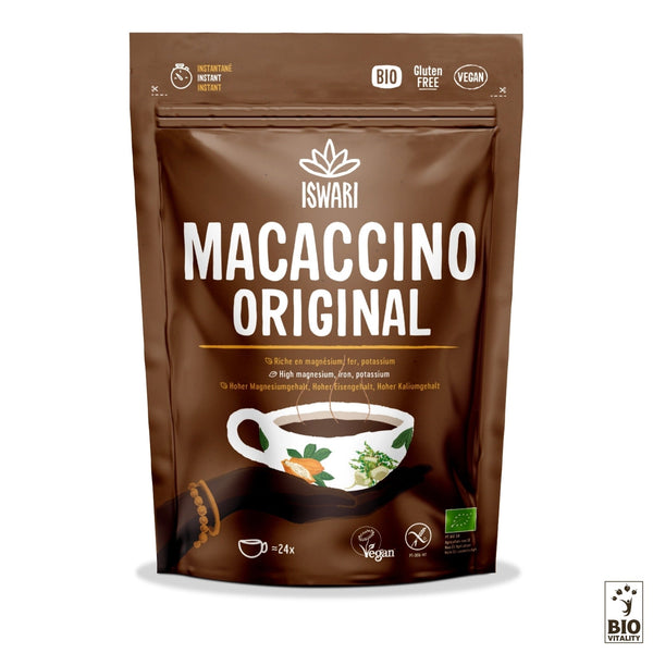 Lemballage du Macaccino Original avec Reishi Bio - 250g dISWARI présente une illustration de tasse blanche et des étiquettes qui soulignent ses attributs végétaliens et sans gluten, avec une infusion de cacao et de maca. Chaque paquet offre 24 portions enrichies des bienfaits du Reishi Bio.