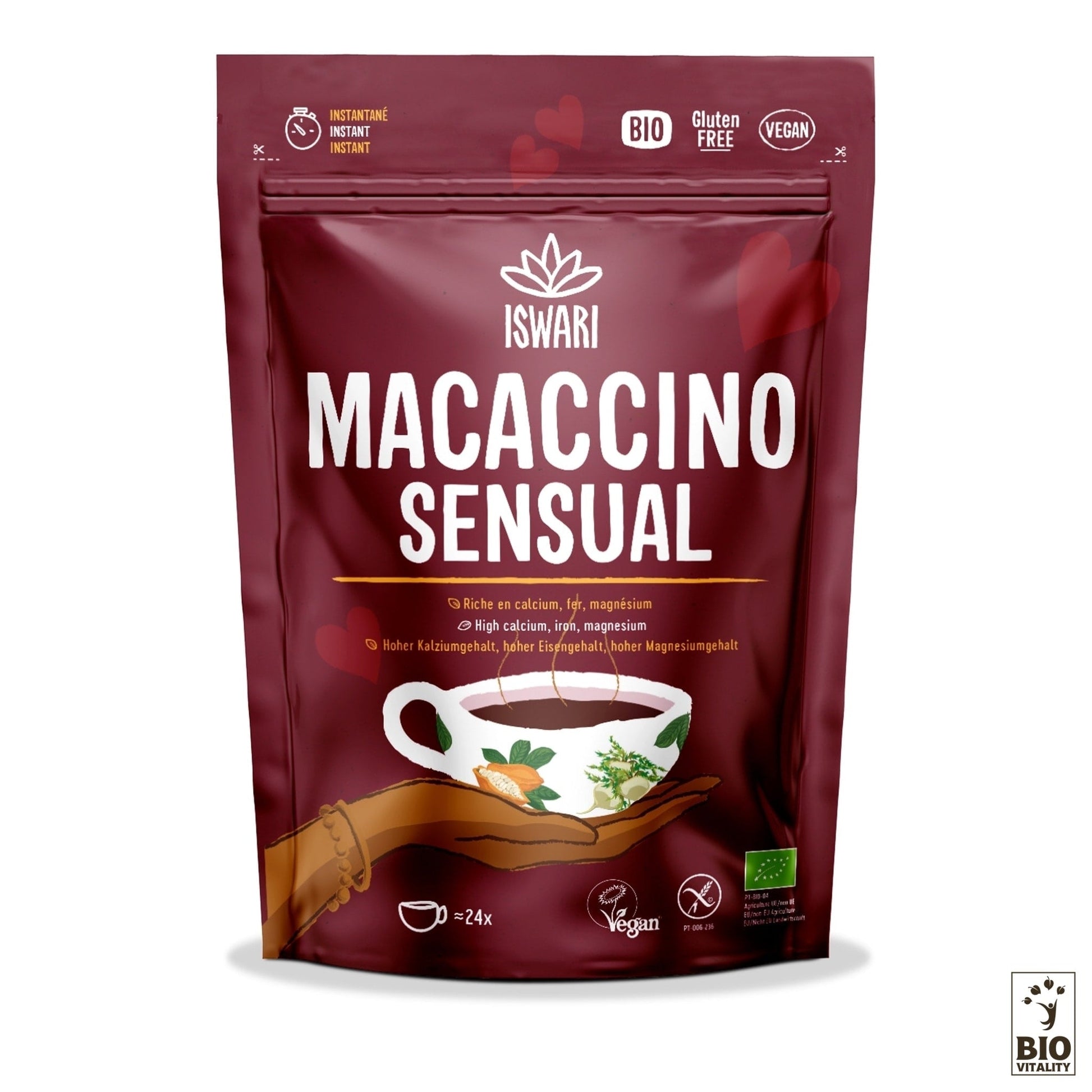 Le Macaccino Sensual Bio dIswari - 250 g est présenté dans un emballage rouge vif orné dune tasse blanche et de feuilles décoratives. Il est riche en nutriments, végétalien, sans gluten et regorge de calcium, de fer et de magnésium.