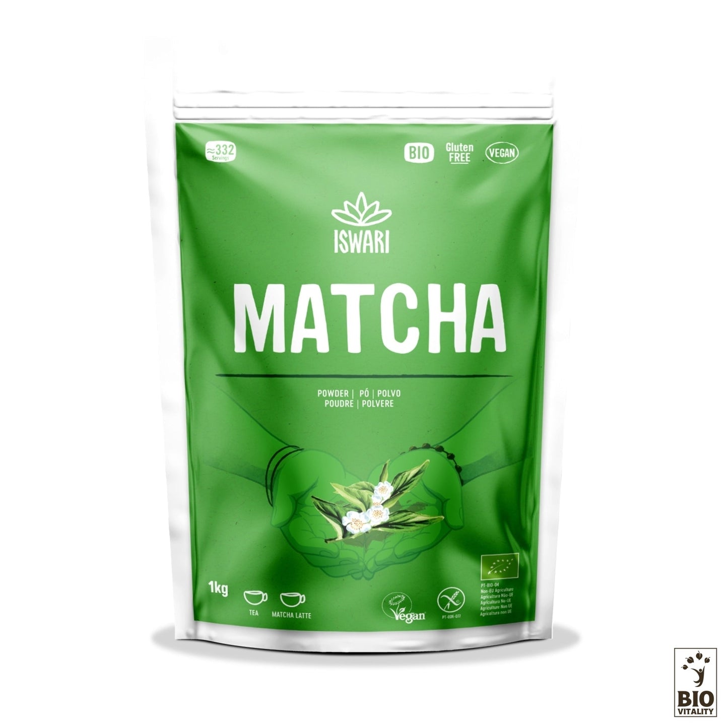 Découvrez le packaging coloré du Matcha en Poudre Bio dISWARI, disponible de 70g à 1kg. Cette poudre de thé vert japonais biologique est riche en antioxydants, sans gluten et vegan, idéale pour un mode de vie sain.