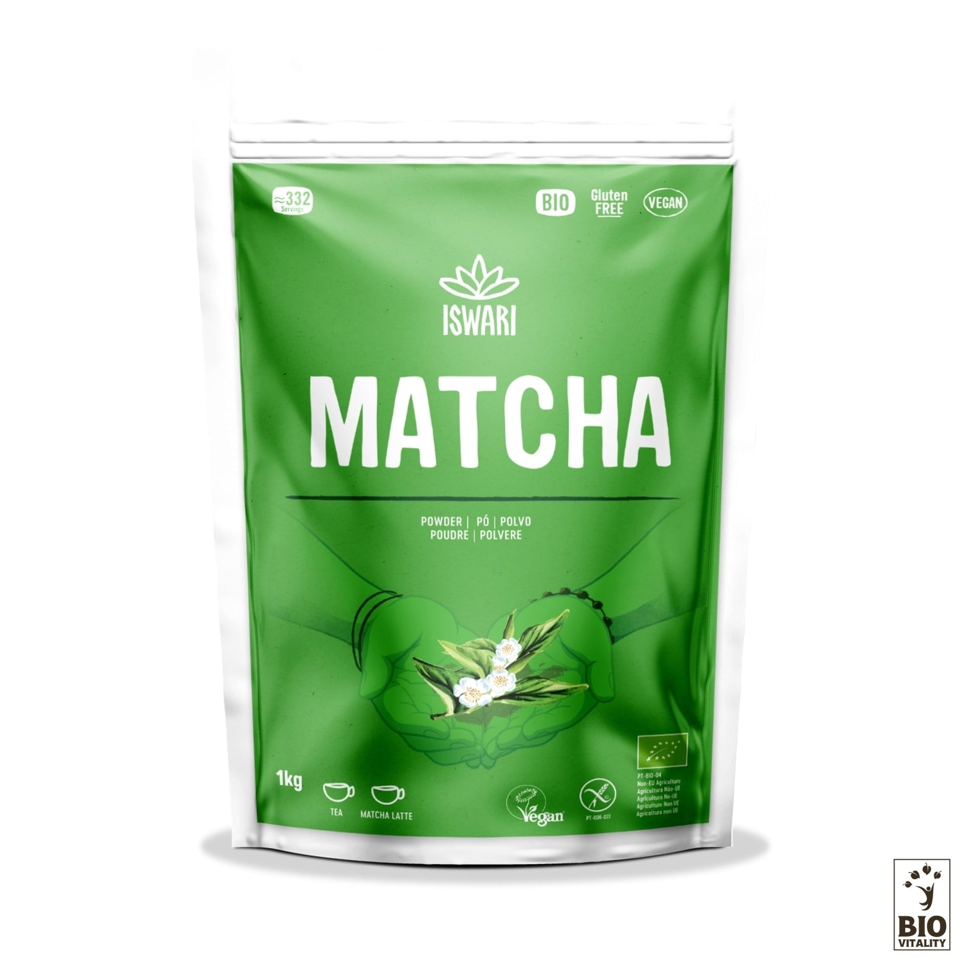 Découvrez le packaging coloré du Matcha en Poudre Bio dISWARI, disponible de 70g à 1kg. Cette poudre de thé vert japonais biologique est riche en antioxydants, sans gluten et vegan, idéale pour un mode de vie sain.