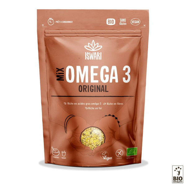 Le pack « Mix Omega 3 Original Bio - 200g » dISWARI est marron avec des icônes vegan et sans gluten, comportant une image dun bol avec des graines de lin et des graines au fond.