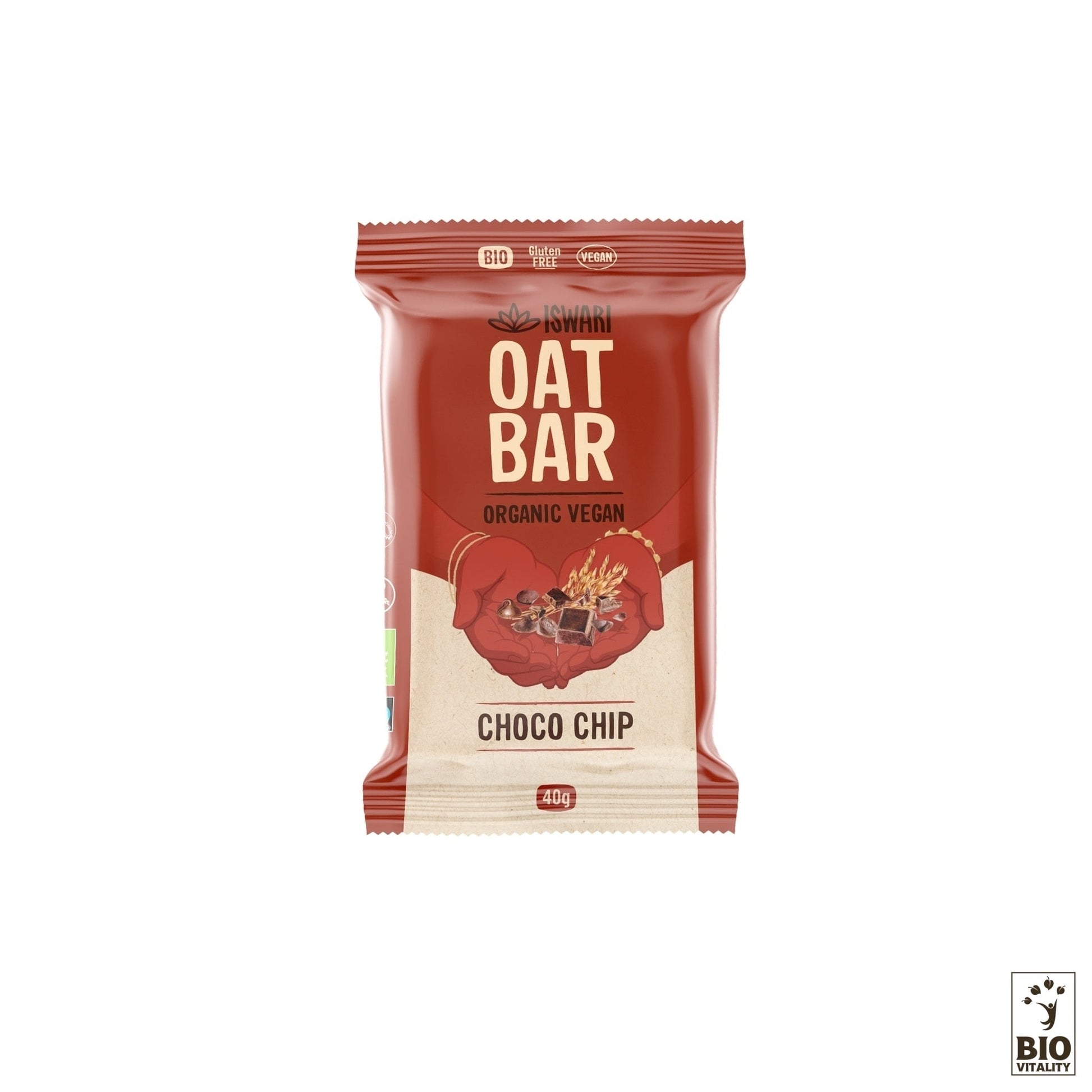 La barre davoine ISWARI Choco Chip Bio, présentée dans un emballage rouge et beige étiqueté « Choco Chip », présente des graphiques de pépites de chocolat et davoine. Cette collation de 40 g offre une alimentation riche en fibres avec de lavoine sans gluten.