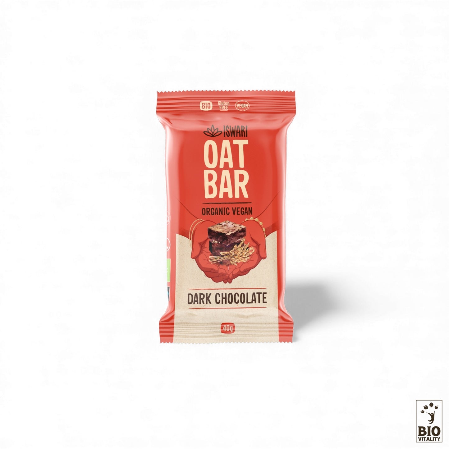 La barre davoine Iswari au chocolat noir Bio est dotée dun emballage rouge et beige, pèse 40 g et arbore un logo de certification BIO. Cette barre biologique et végétalienne est sans gluten et riche en fibres, ce qui la rend idéale pour les personnes soucieuses de leur santé.