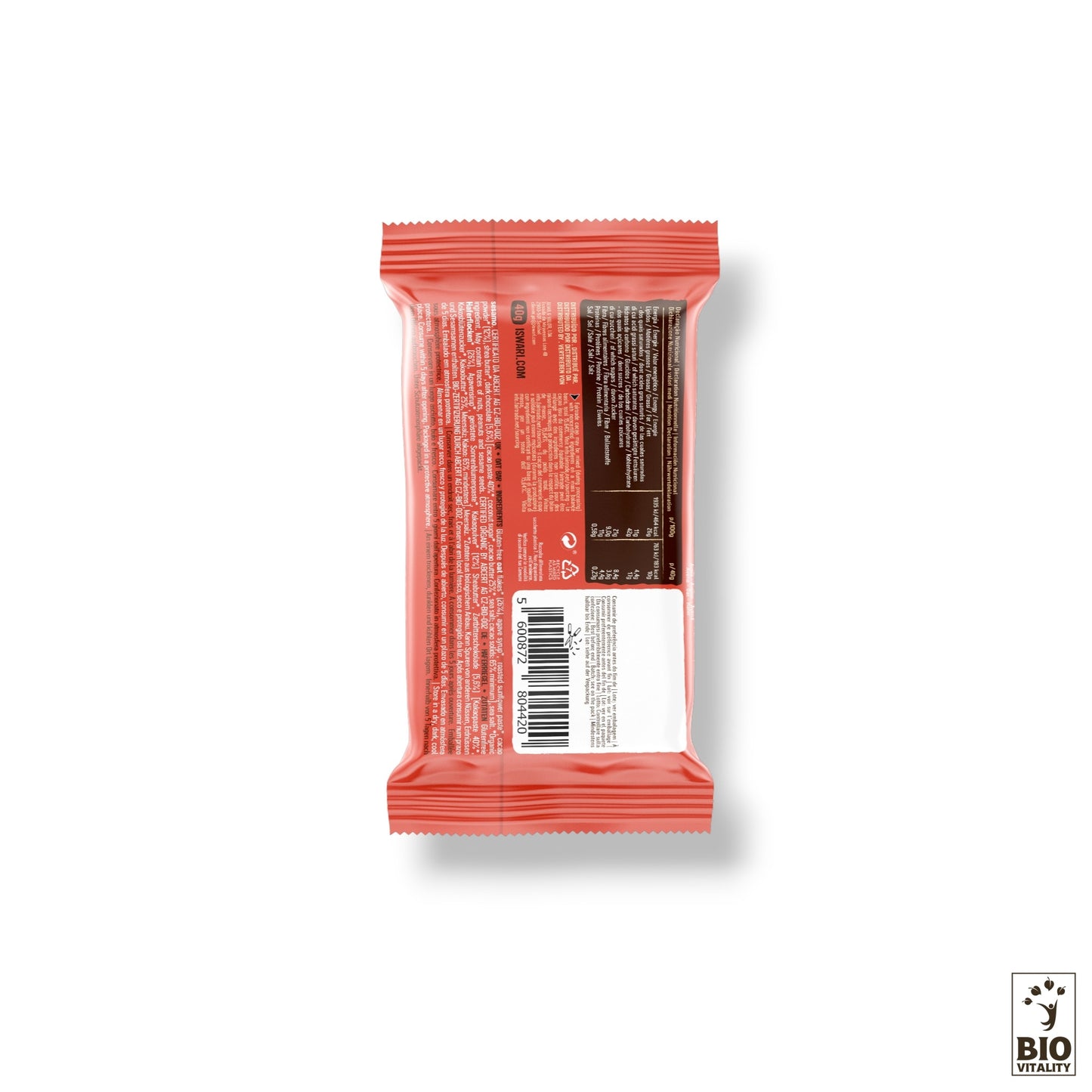 Le dos de la barre davoine au chocolat noir bio - 40 g dISWARI comporte un code-barres et des informations nutritionnelles en plusieurs langues sur son emballage marron rayé. Un petit logo « Bio Vitality » dans le coin inférieur droit le met en valeur comme étant « riche en fibres » pour les consommateurs soucieux de leur apport en fibres.