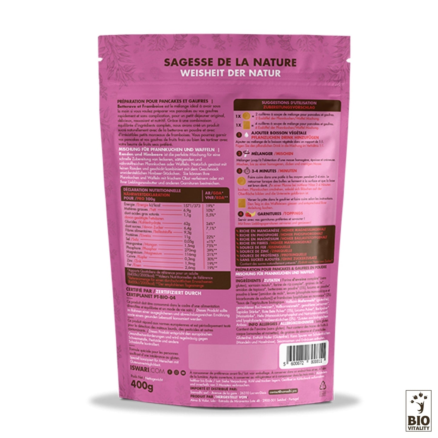 Lemballage rose du Pancake et Gaufre Mix - Betterave et Framboise Bio - 400g dISWARI présente la « Sagesse de la Nature » avec des détails nutritionnels en français et en allemand, parfait pour un petit déjeuner nourrissant.