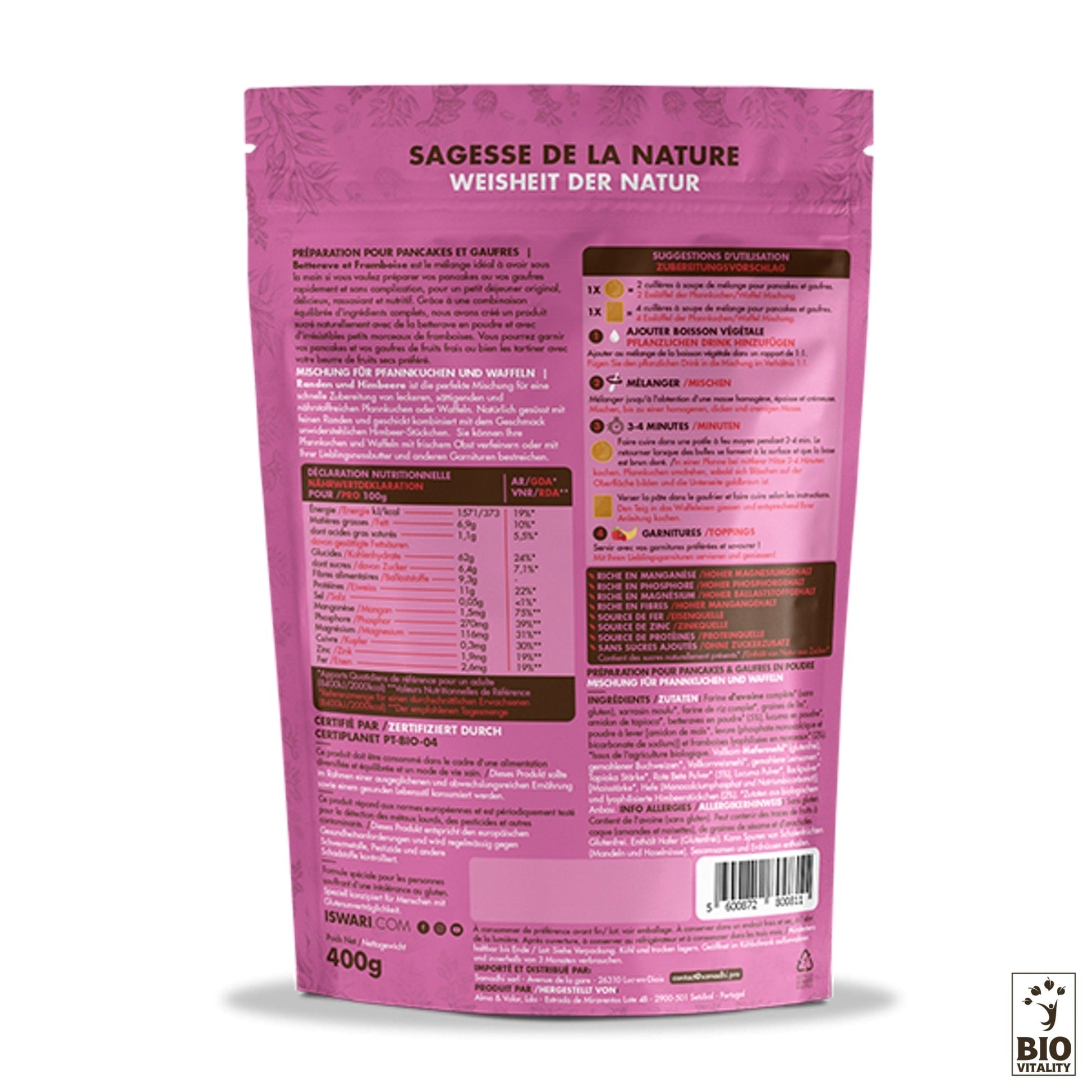 Lemballage rose du Pancake et Gaufre Mix - Betterave et Framboise Bio - 400g dISWARI présente la « Sagesse de la Nature » avec des détails nutritionnels en français et en allemand, parfait pour un petit déjeuner nourrissant.