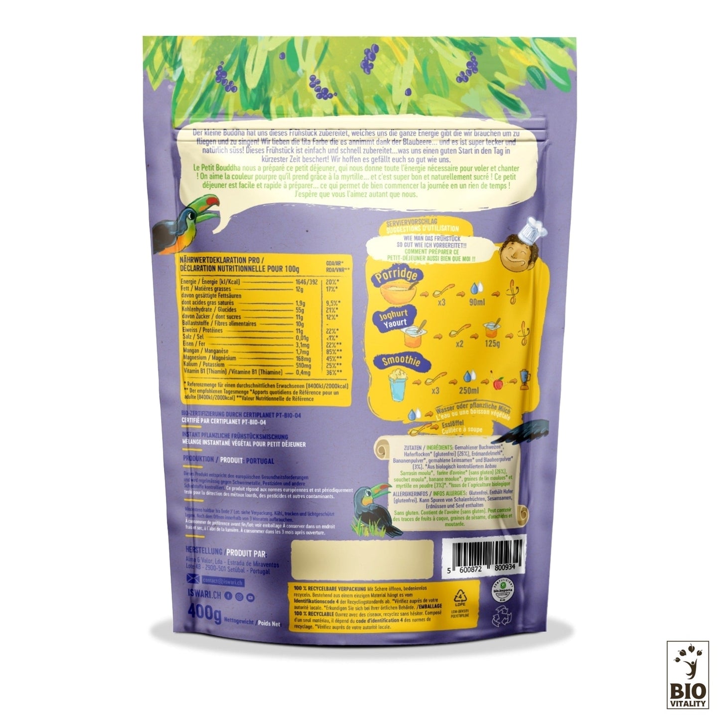 Le dos du paquet violet et vert ISWARI révèle les détails nutritionnels, les ingrédients et les instructions de préparation. Certifié de qualité, il est parfait pour un petit-déjeuner bio aux saveurs envoûtantes du Petit Bouddha Myrtille Magique Bio - 400g.