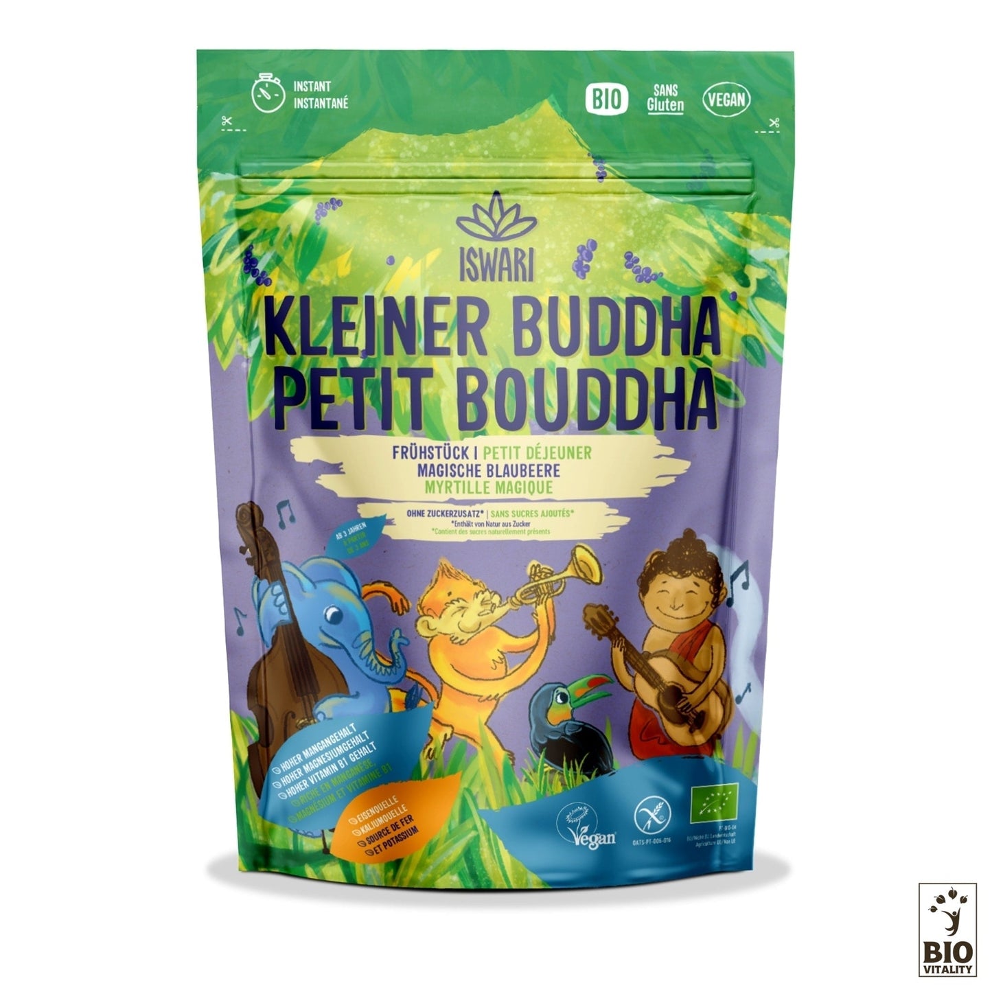Emballage de céréales coloré avec des animaux de dessins animés et des enfants avec des instruments, étiqueté « Petit Bouddha Myrtille Magique Bio » par ISWARI, mettant en valeur les icônes bio, vegan et sans gluten. Profitez de la magie dun petit déjeuner bio avec des myrtilles bio.