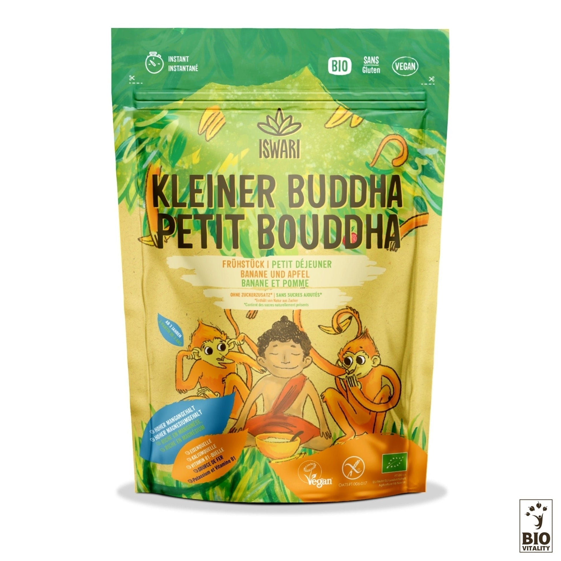 Le Petit Bouddha Pomme Banane Bio - 400g dISWARI est un mélange pour petit-déjeuner bio, vegan et sans gluten pour les enfants. La pochette présente des animaux de dessin animé et un enfant en méditation, idéal pour un petit déjeuner nutritif pour les enfants !.