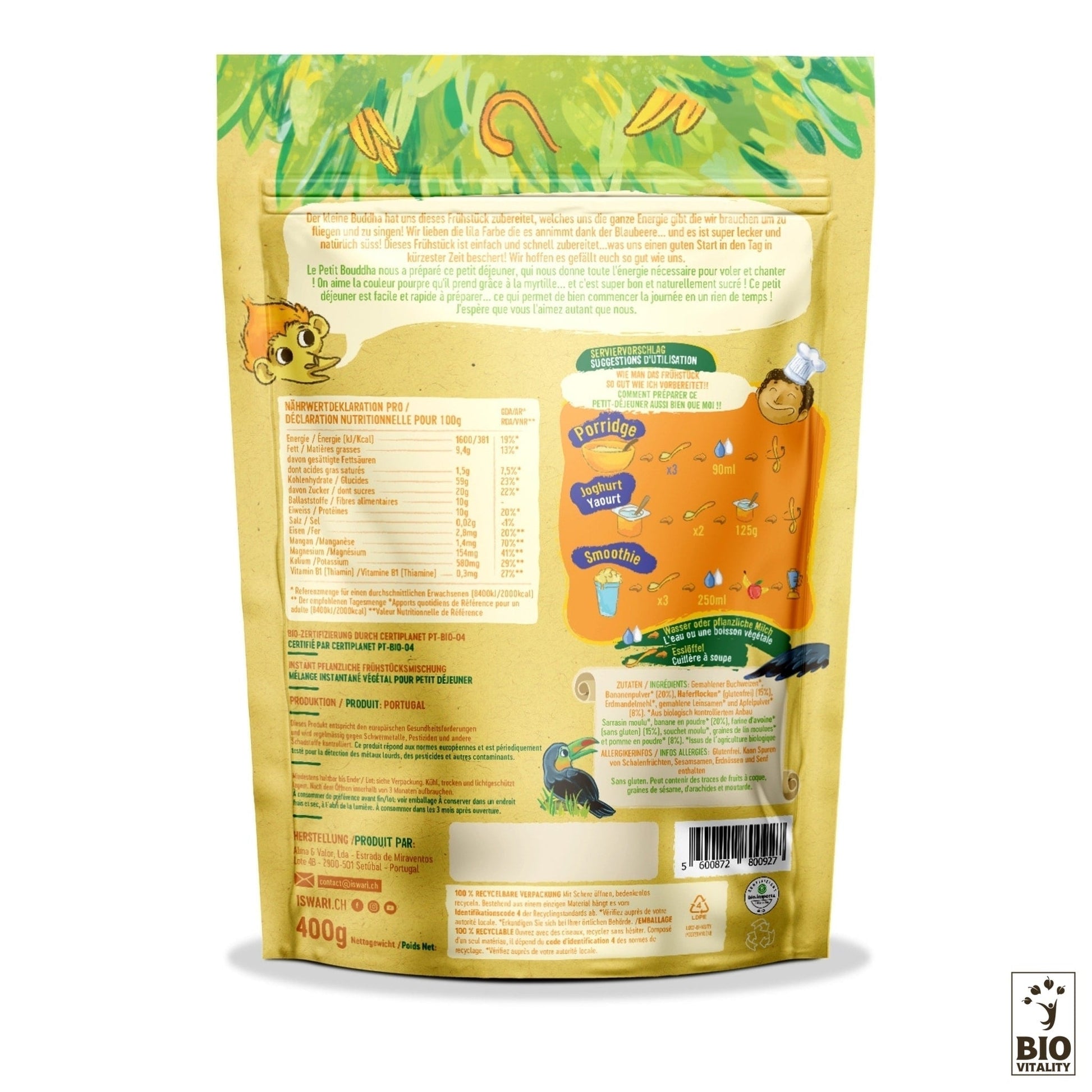Le dos de lemballage ISWARI Petit Bouddha Pomme Banane Bio (400 g) présente un design coloré avec des informations nutritionnelles, des personnages de dessins animés et le logo Bio Vitality en bas à droite, ainsi que des conseils pour une recette équilibrée pour le petit déjeuner des enfants.