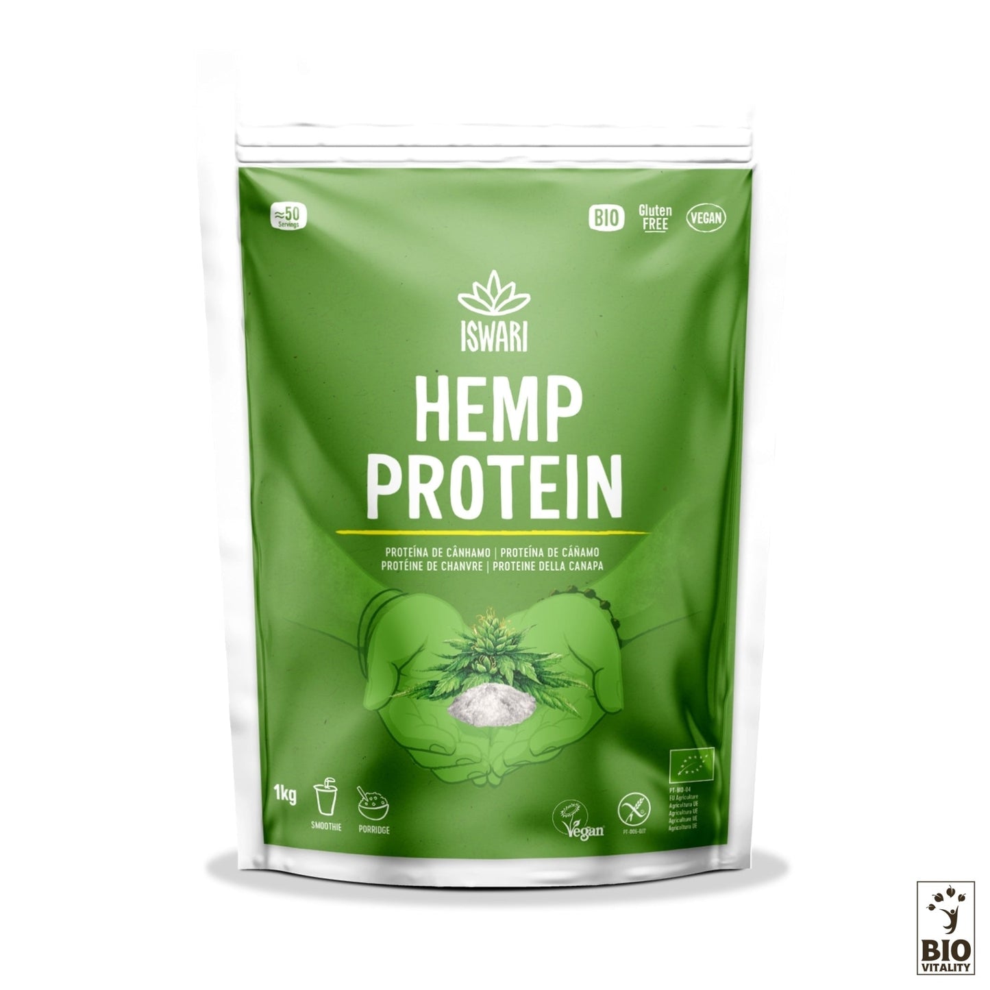Le sachet vert de 1 kg de Protéine de Chanvre en Poudre Bio ISWARI est biologique, végétalien, sans gluten et riche en protéines complètes. Les icônes pour les smoothies, le porridge et les recettes végétaliennes soulignent sa polyvalence en tant que source nutritionnelle végétale. Présente le logo Bio Vitality en bas à droite.