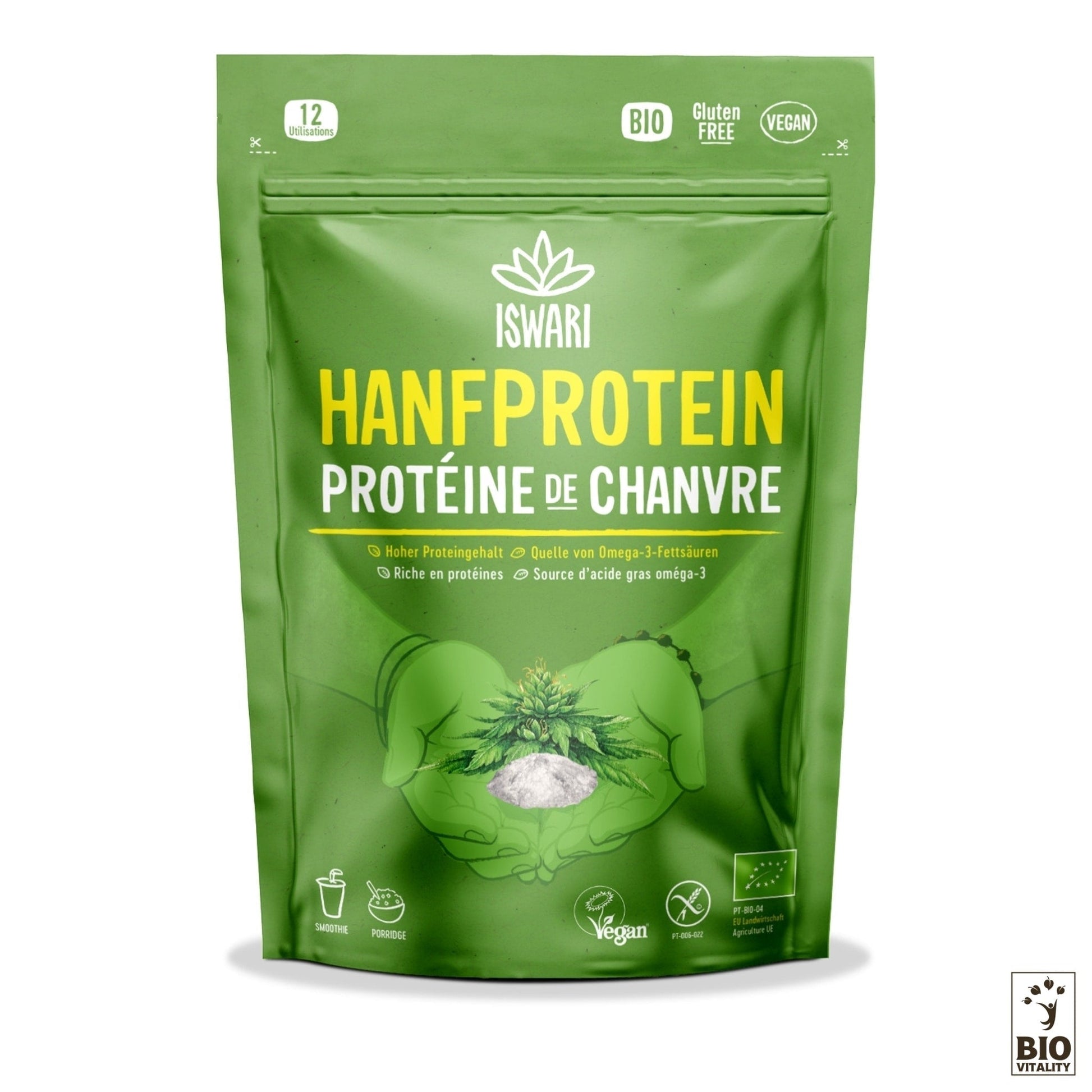Le paquet vert dISWARI Protéine de Chanvre en Poudre Bio affiche un étiquetage en allemand et en français, comportant des symboles végétaliens et sans gluten, soulignant sa source nutritionnelle végétale avec des protéines complètes.