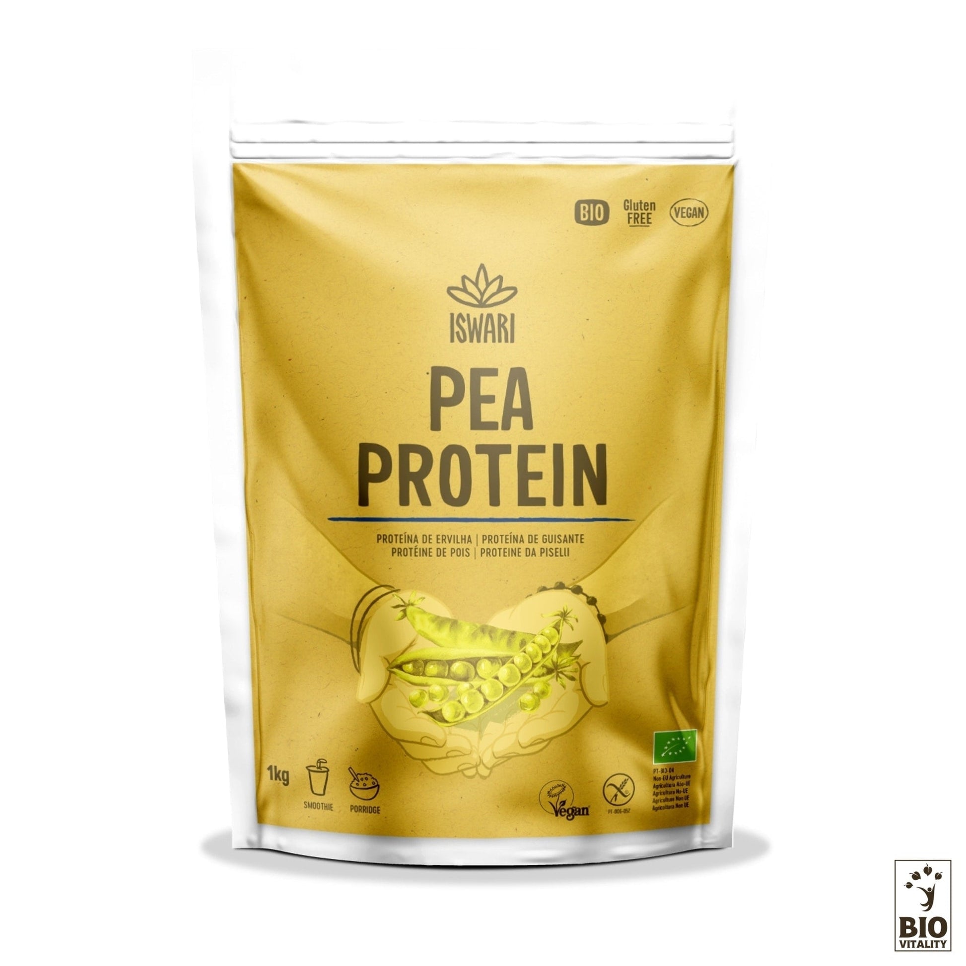Un sac de 1 kg de Protéine de Pois en Poudre Bio ISWARI comprend des étiquettes écologiques, végétaliennes et sans gluten avec des illustrations de pois, offrant des protéines végétales facilement digestibles.
