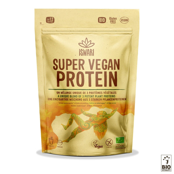 Les Protéines Super Vegan Bio dISWARI sont présentées dans un emballage coloré, avec les étiquettes bio, sans gluten et végétaliennes. Idéal pour les régimes végétaliens, il contient des protéines végétales comme le chanvre biologique pour dynamiser naturellement votre journée. Disponible en formats de 250 g et 750 g.