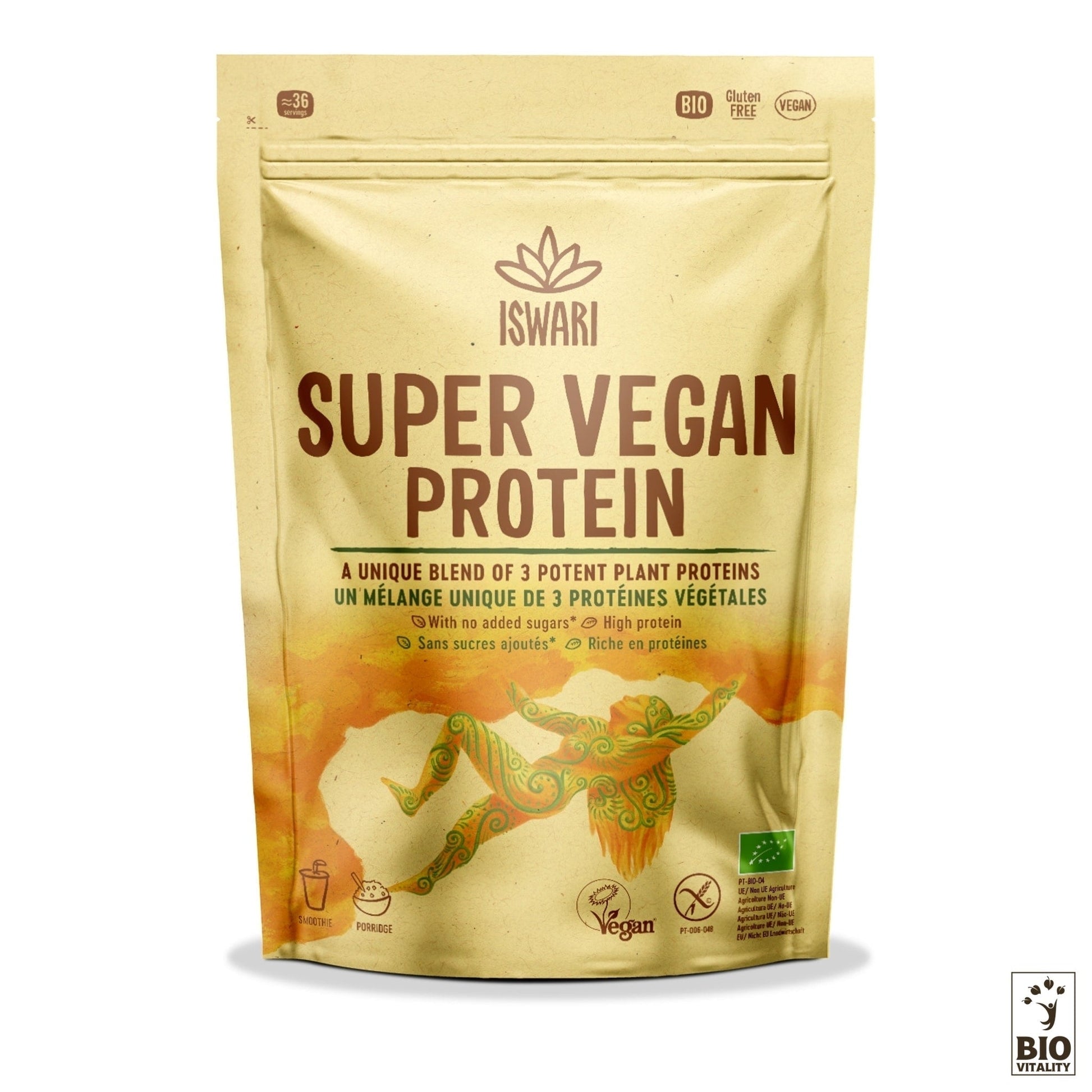 Ein beiger Beutel ISWARI Super Vegan Protein Bio mit farbenfrohen Grafiken hebt die pflanzliche Proteinmischung hervor. Vegan- und Glutenfrei-Labels stehen für eine gesunde pflanzliche Proteinquelle. Erhältlich in 250 g und 750 g.