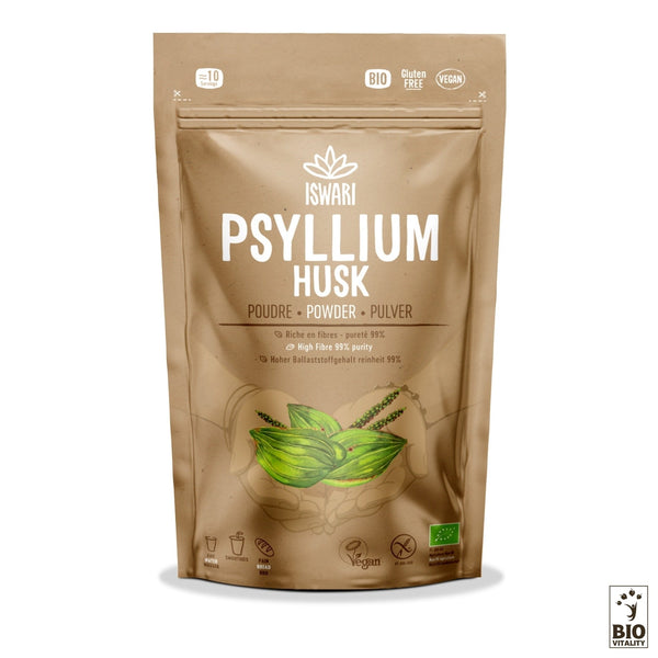 Un sac brun de Psyllium en poudre Bio ISWARI - 125 g présente des symboles végétaliens, sans gluten, biologiques et riches en fibres, avec un texte faisant la promotion des fibres solubles et de la santé digestive pour votre parcours de bien-être.