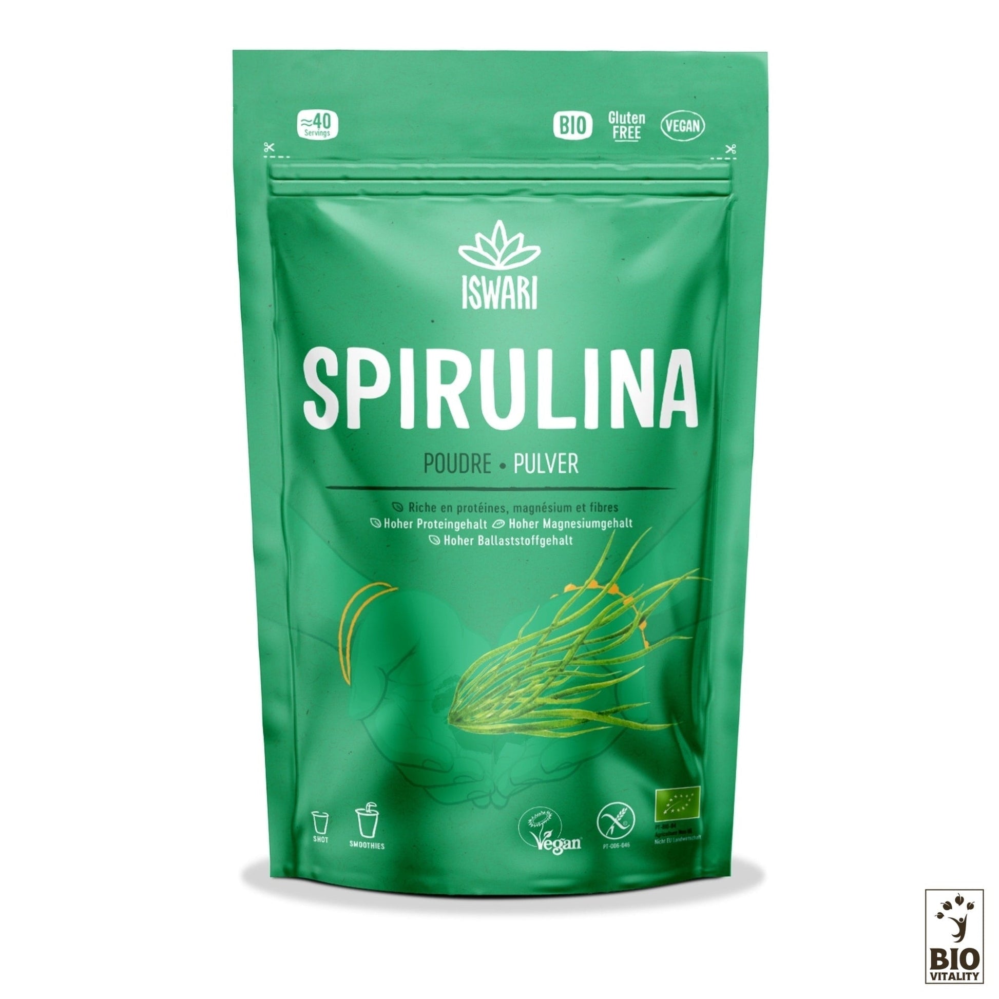 Le sachet vert de Spiruline en Poudre Bio ISWARI est biologique, sans gluten et vegan. Cest un super-aliment riche en nutriments pour soutenir un mode de vie équilibré.