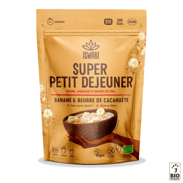 Découvrez les saveurs riches du Super Petit Déjeuner Banane et Cacahuète Bio dIswari, composé davoine, de sarrasin et de graines de chia biologiques. Sans gluten et végétalien, cest une option de petit-déjeuner nutritive et riche en fibres.