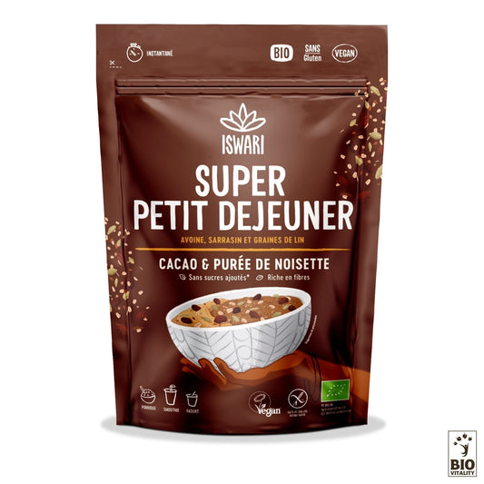 Le Super Petit Déjeuner Cacao et Noisette Bio - 360g dISWARI contient de lavoine sans gluten, du sarrasin et des graines de lin pour un porridge crémeux. Lemballage met en valeur ses qualités biologiques, sans gluten et végétaliennes.