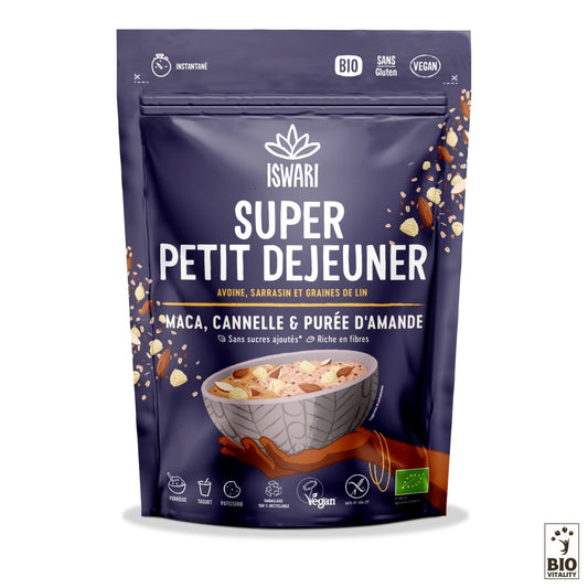 Le Super Petit Déjeuner Maca, Canelle et Amande Bio ISWARI - 360g est étiqueté 100% biologique et sans gluten, avec des saveurs de maca, de cannelle et de purée damandes avec de lavoine instantanée, du sarrasin et des graines de lin.