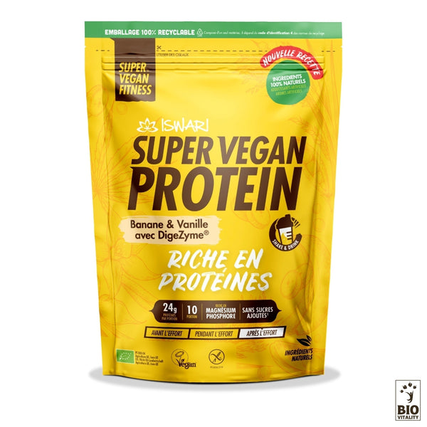 La protéine ISWARI Super Vegan au goût de banane et de vanille, disponible dans des formats allant de 400 g à 2,5 kg, contient DIGEZYME® pour une nutrition améliorée et un emballage recyclable respectueux de lenvironnement.