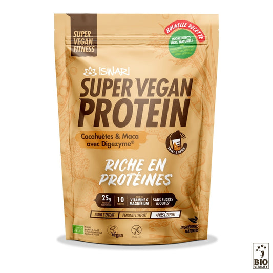 La protéine Super Vegan Cacahuète & Maca avec DIGEZYME® Bio dISWARI est végétalienne, biologique et est disponible en formats de 400 g à 2,5 kg. Elle offre 25 g de protéines, ainsi que 10 vitamines et minéraux sans sucres ajoutés, pour une utilisation avant, pendant ou après lentraînement avec une digestion améliorée. Disponible en sachets beiges.