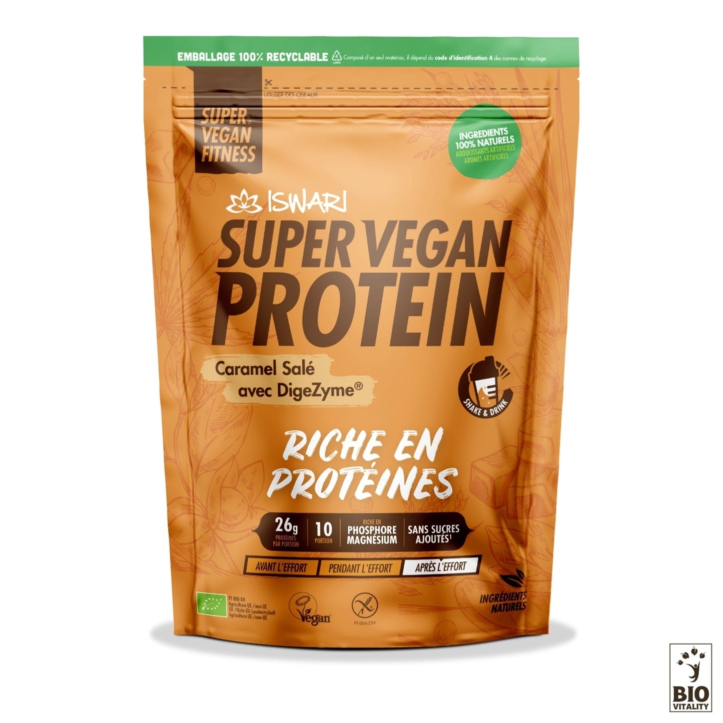Le sachet Iswari Super Vegan Protein Caramel Salé & Ashwagandha avec DIGEZYME® Bio est marron, végétalien, sans gluten et biologique. Il améliore votre apport en protéines végétales.