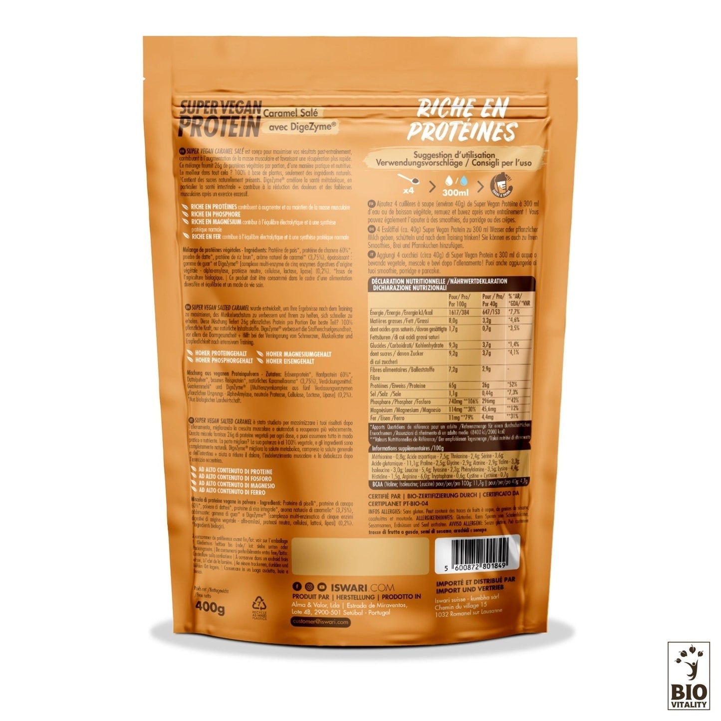 La protéine ISWARI Super Vegan au caramel salé et à lashwagandha avec DIGEZYME® (400 g - 2,5 kg) comprend des informations nutritionnelles, des instructions dutilisation et comporte un logo Bio Vityality pour plus de bien-être.
