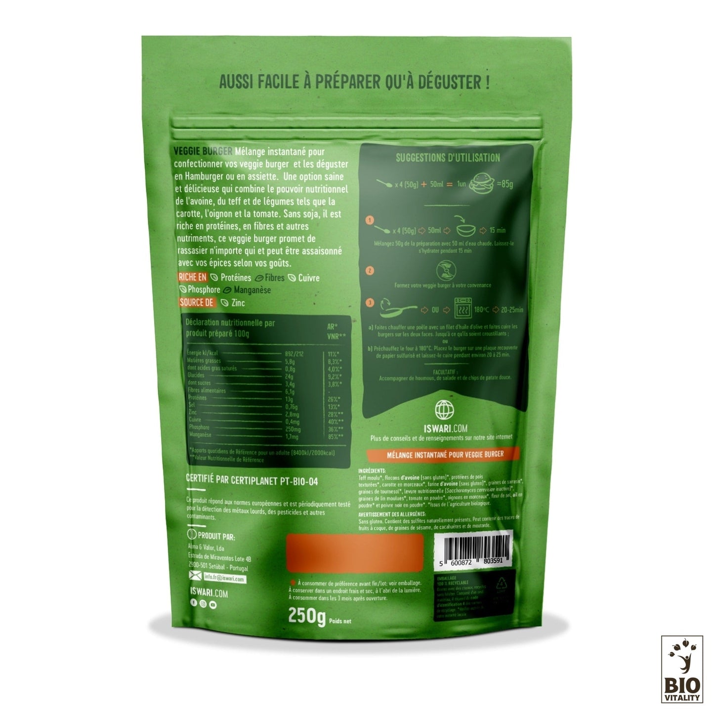 Lemballage vert du ISWARI Veggie Burger Original - 250g affiche les instructions de préparation, une liste dingrédients sans soja, les informations nutritionnelles et une étiquette de certification en bas à droite. Idéal pour préparer de savoureux burgers végétariens riches en protéines et en fibres.