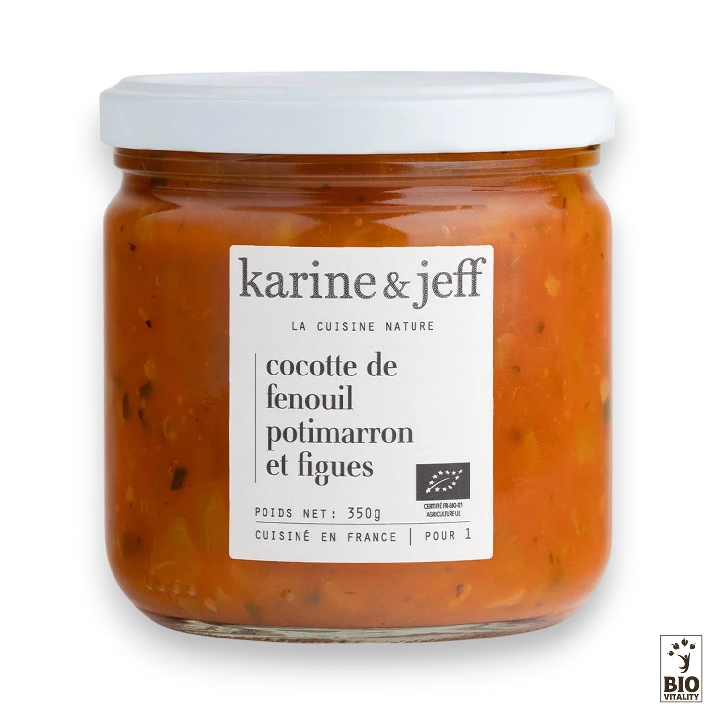 Un pot de 350 g de KARINE & JEFF Cocotte de Fenouil Potimarron et Figues Bio, portant la certification agriculture biologique dans le coin inférieur droit.