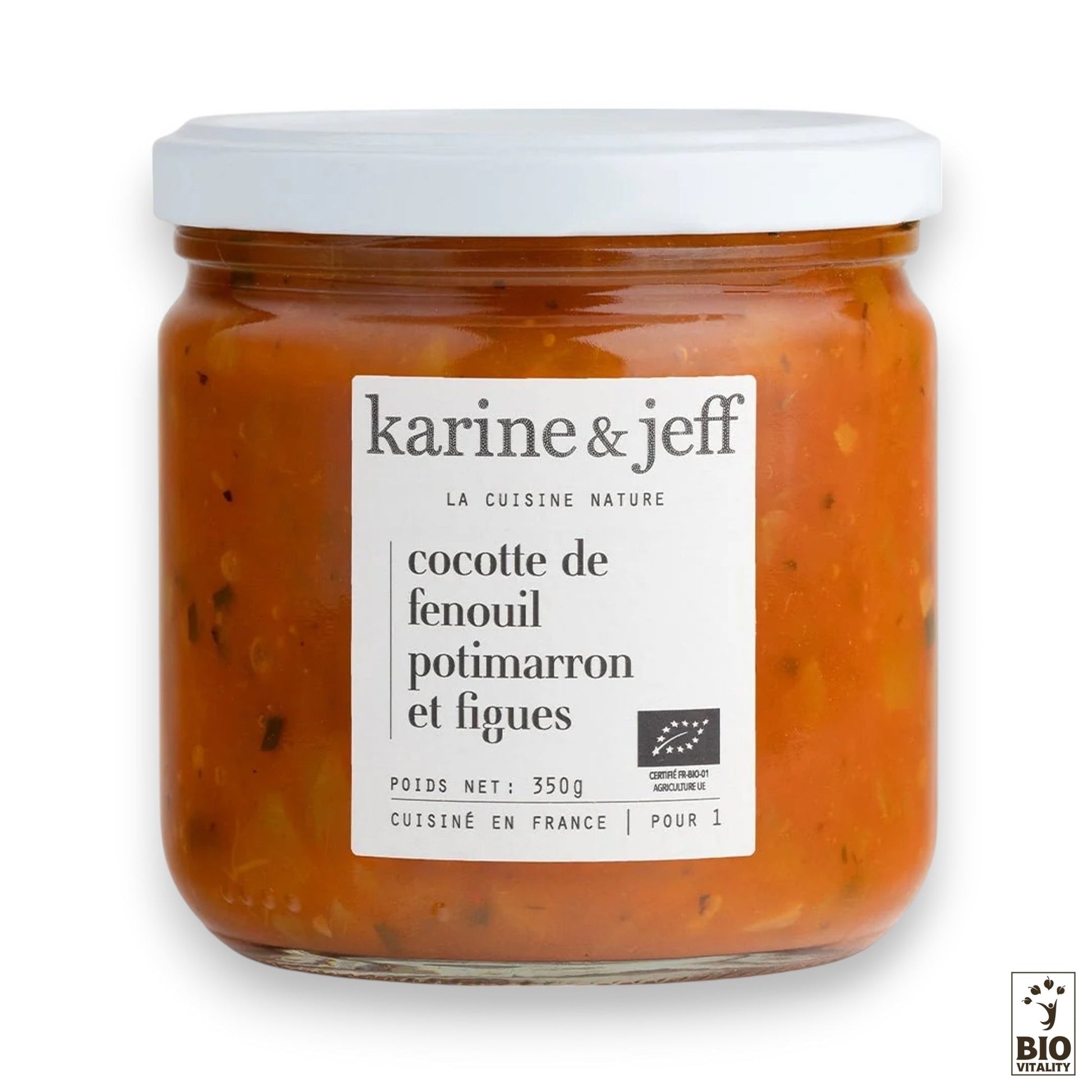 Un pot de 350 g de KARINE & JEFF Cocotte de Fenouil Potimarron et Figues Bio, portant la certification agriculture biologique dans le coin inférieur droit.