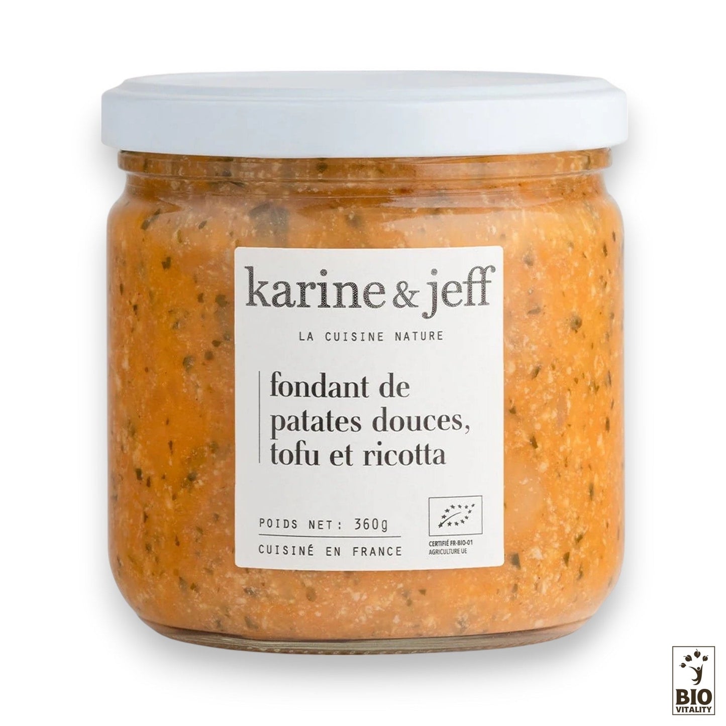 Un pot de 360g de Fondant de Patates Douces Tofu et Ricotta Bio de KARINE & JEFF, certifié Bio et labellisé Cuisine en France.