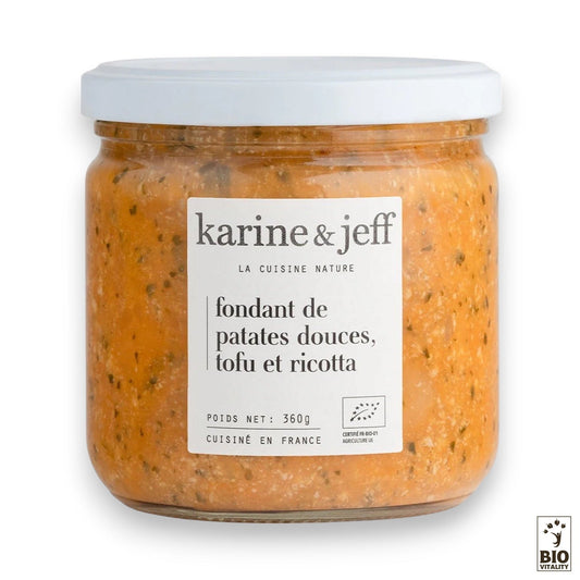 Un pot de 360g de Fondant de Patates Douces Tofu et Ricotta Bio de KARINE & JEFF, certifié Bio et labellisé Cuisine en France.