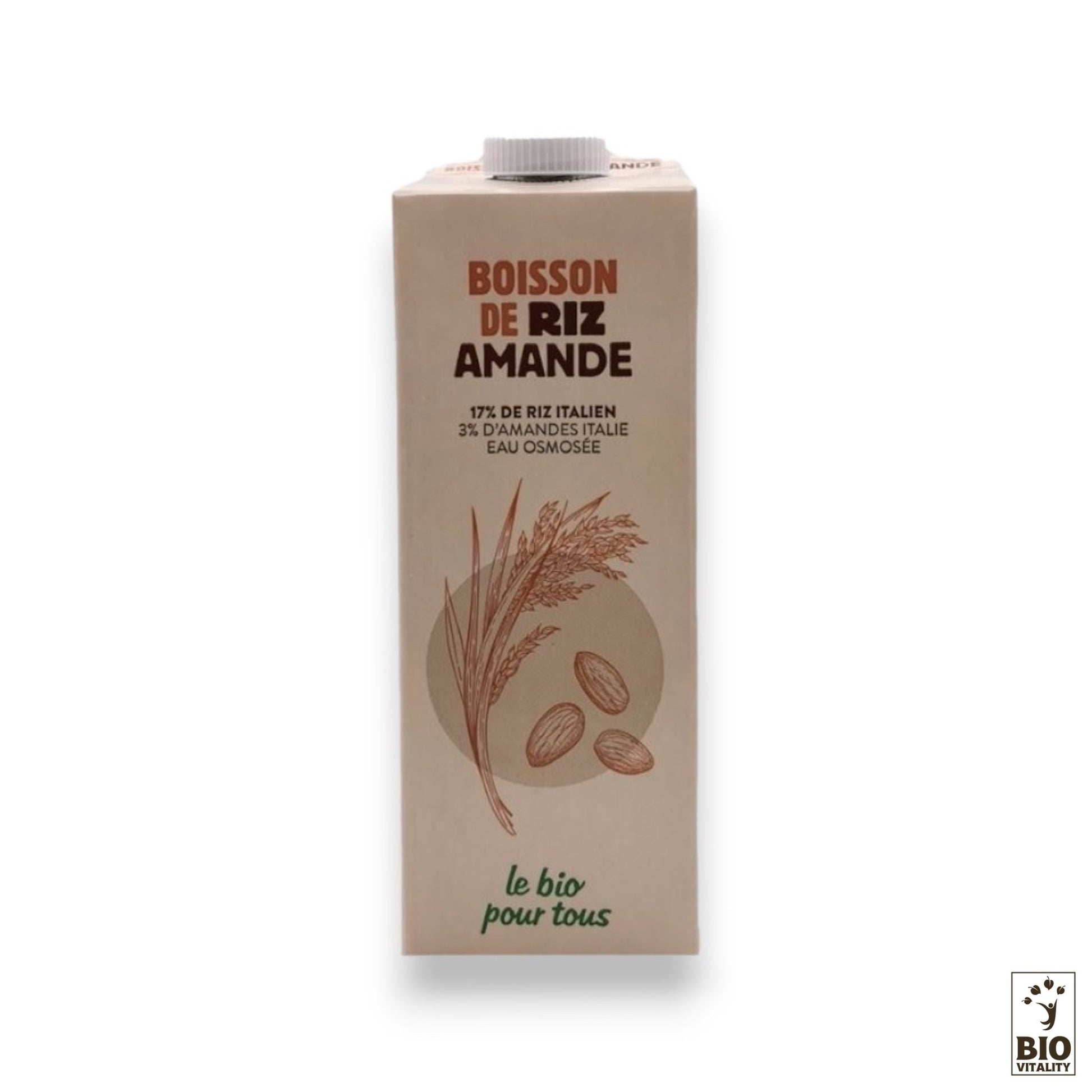 Carton de Boisson de riz amande Bio - 1L de LE BIO POUR TOUS, présentant un texte marron et des illustrations de riz et damandes sur fond blanc. Le logo de la marque est en bas, idéal pour ceux qui recherchent une option sans lactose.