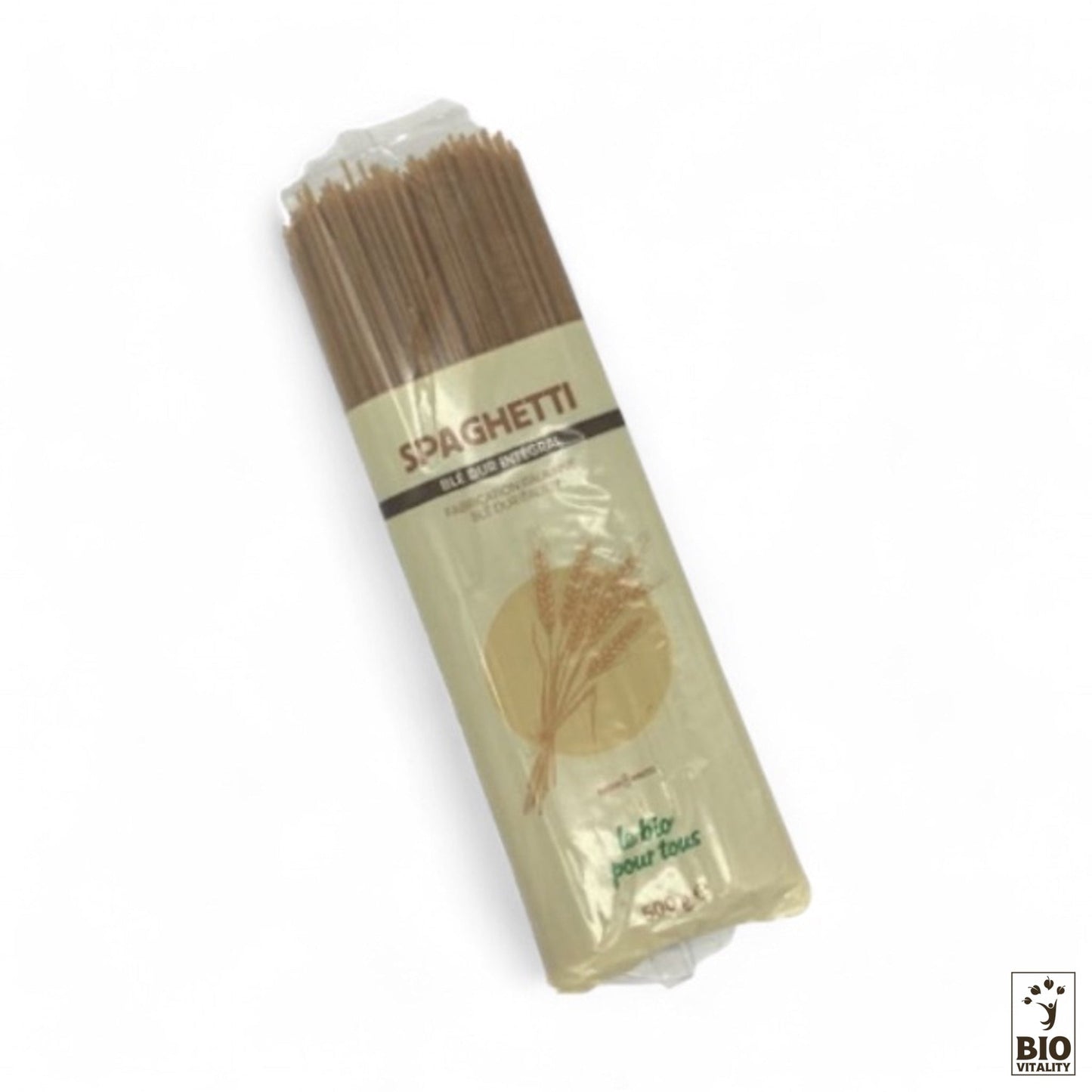 Un paquet de 500 g de spaghettis de blé entier bio de LE BIO POUR TOUS, étiqueté « Spaghetti complets Bio », présente un graphisme de blé sur un emballage en plastique transparent. Ce produit « Bio Vitalité » propose un repas sain issu de lagriculture biologique.