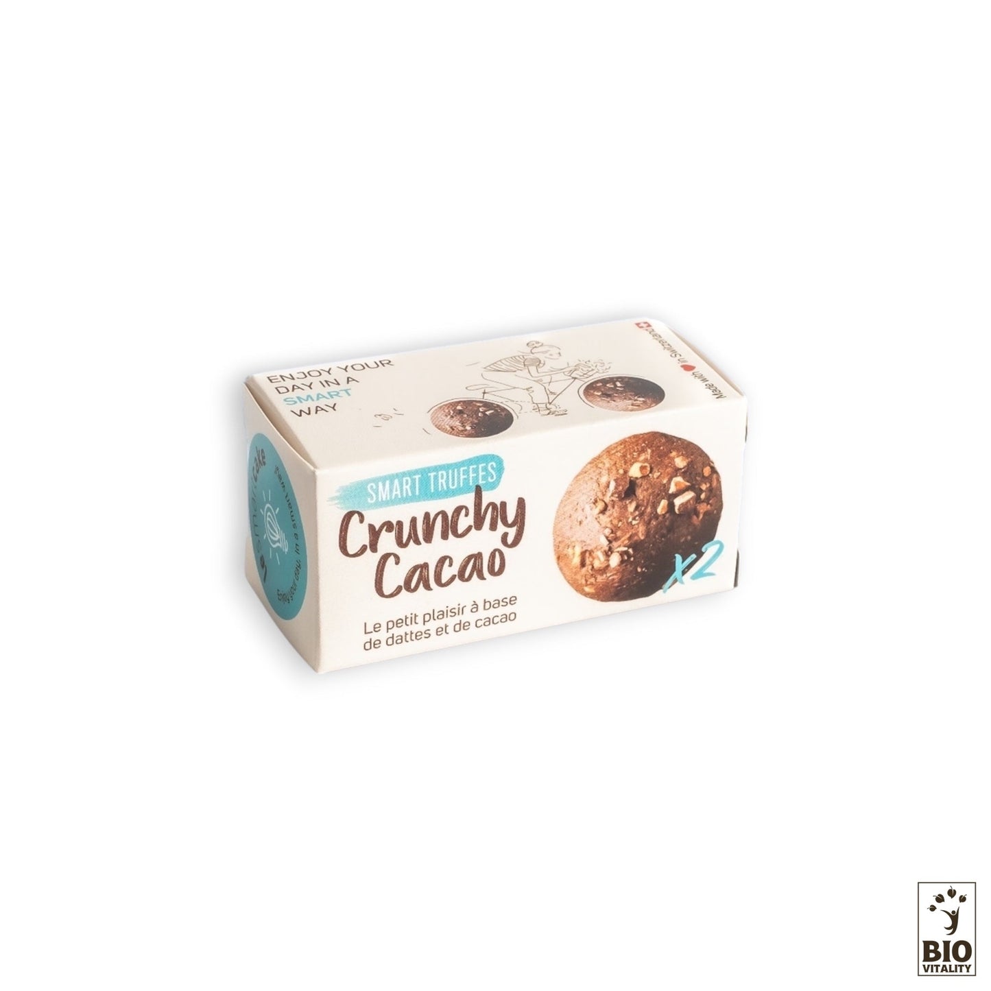 Coffret de Smart Truffes Crunchy Cacao - 2 pièces de LE SMART CAKE, comportant une illustration de truffe et le texte : Le petit plaisir à base de dattes et de cacao, avec ingrédients biologiques. Comprend le logo Bio Vitalité.