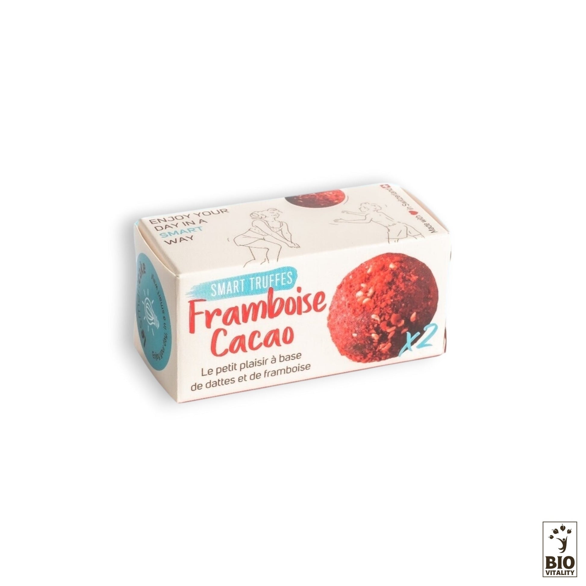 Une boîte de Smart Truffes Framboise Cacao - 2 pièces de LE SMART CAKE présente deux élégantes truffes framboise cacao. Lemballage français met en valeur ses ingrédients biologiques et affiche le label Bio Vitality, garantissant un délice sans gluten.