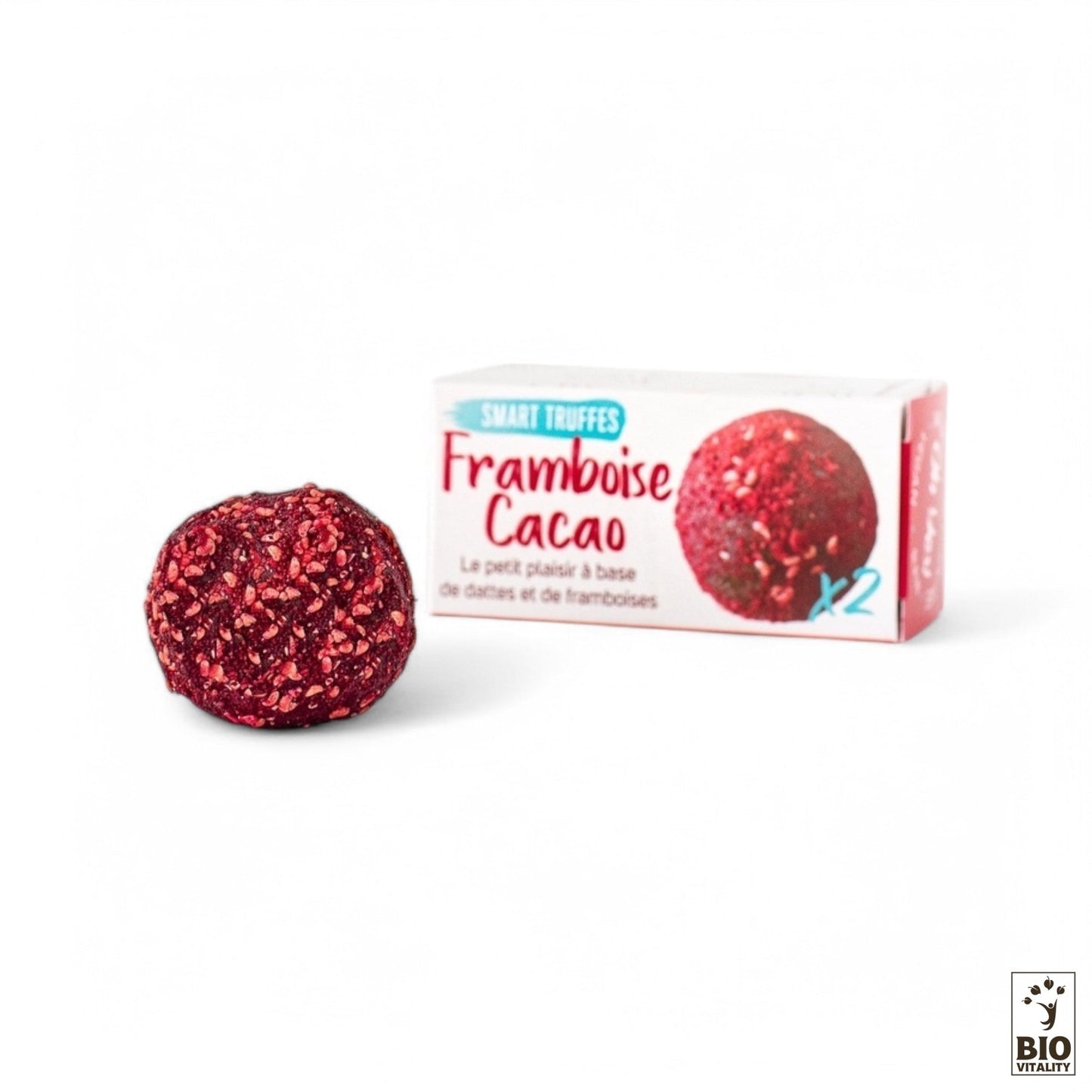 Un Smart Truffes Framboise Cacao - 2 pièces de LE SMART CAKE est présenté avec élégance dans sa boîte, aux images de truffes framboise cacao. Lemballage met en valeur son caractère sans gluten et lutilisation dingrédients biologiques comme les dattes et les framboises.